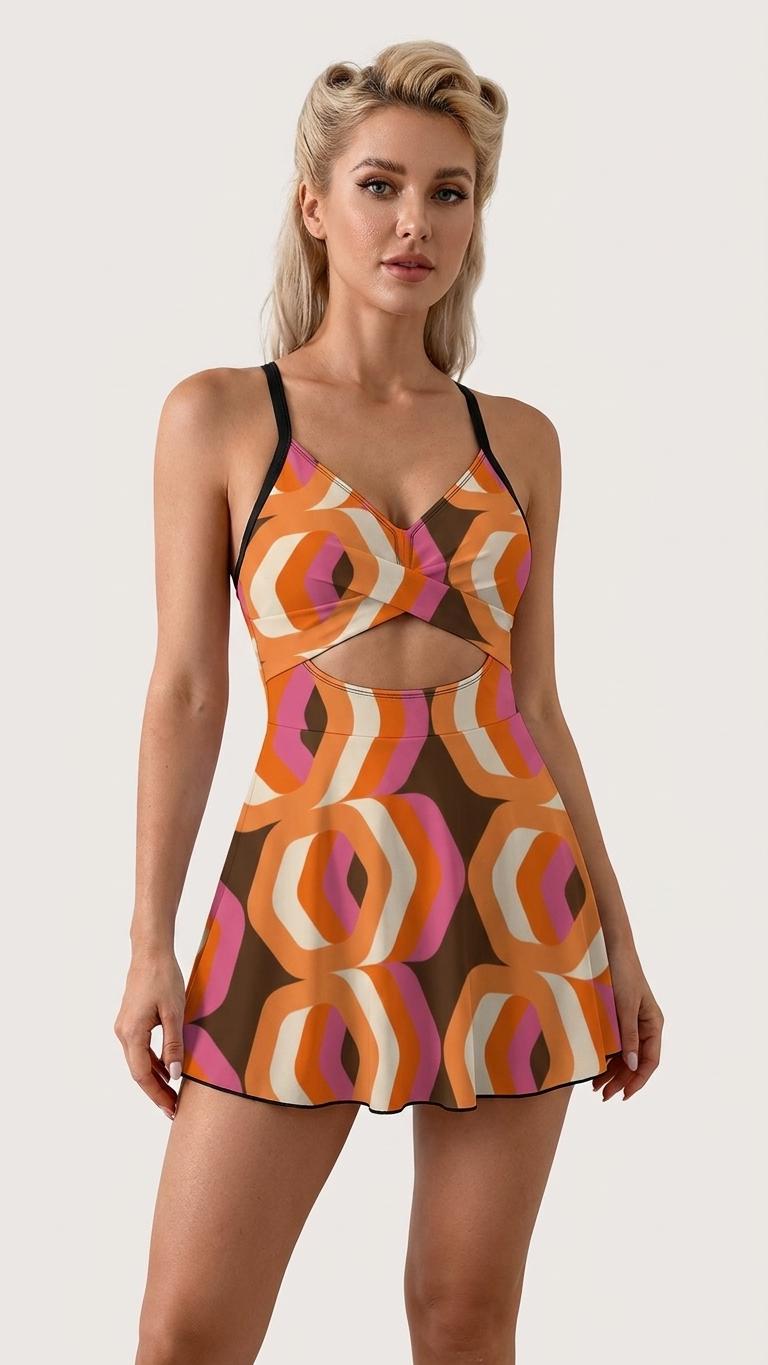Skirted One-Piece Swimsuit with Cut-Out Detail | Integrated Bottoms | Brown Vintage Mid Century Mod Print