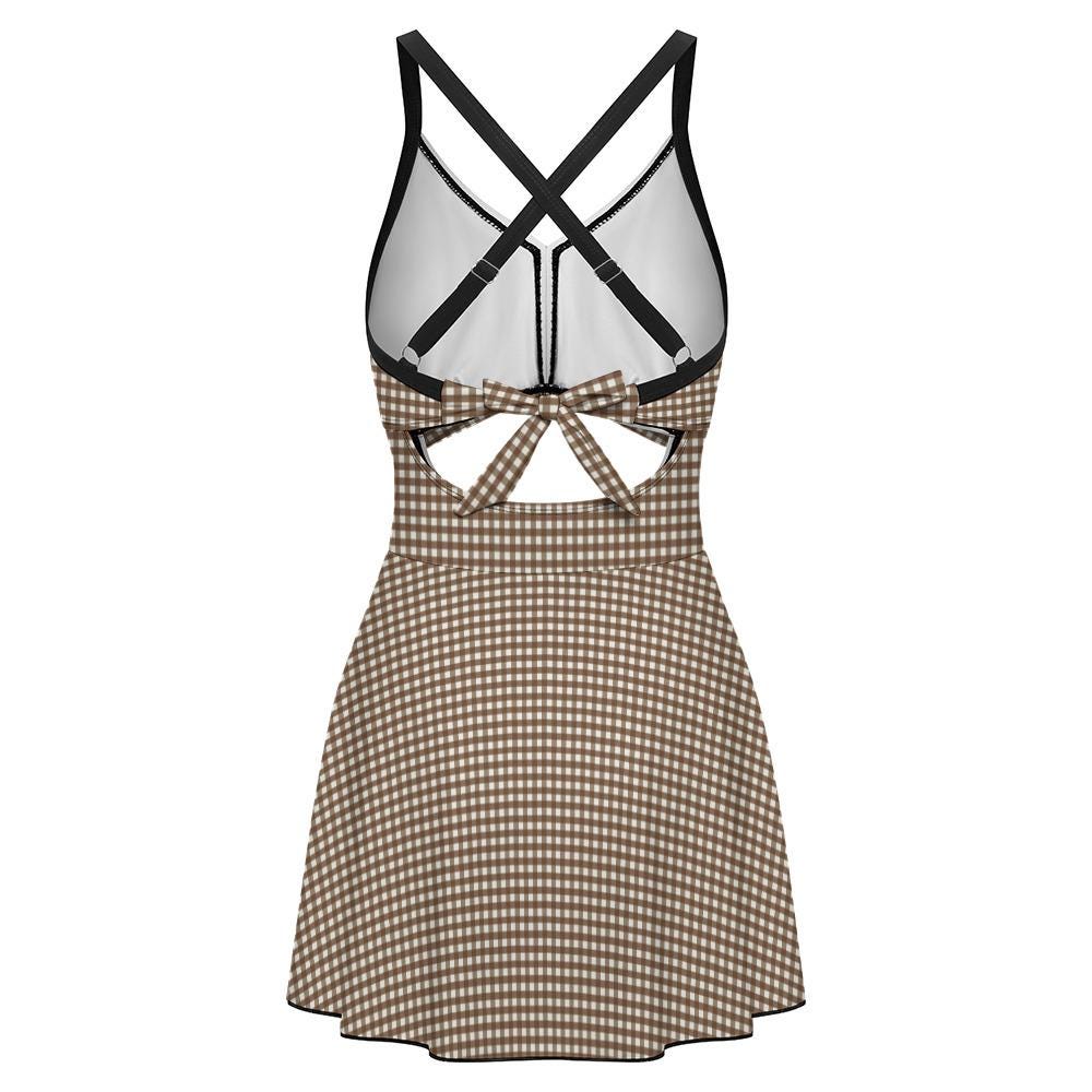 Skirted One-Piece Swimsuit with Cut-Out Detail | Integrated Bottoms | Brown Vintage Gingham