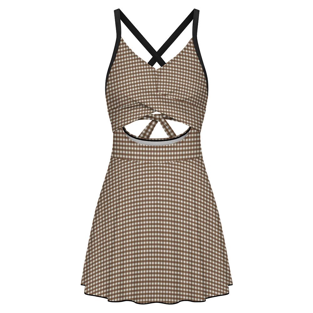 Skirted One-Piece Swimsuit with Cut-Out Detail | Integrated Bottoms | Brown Vintage Gingham