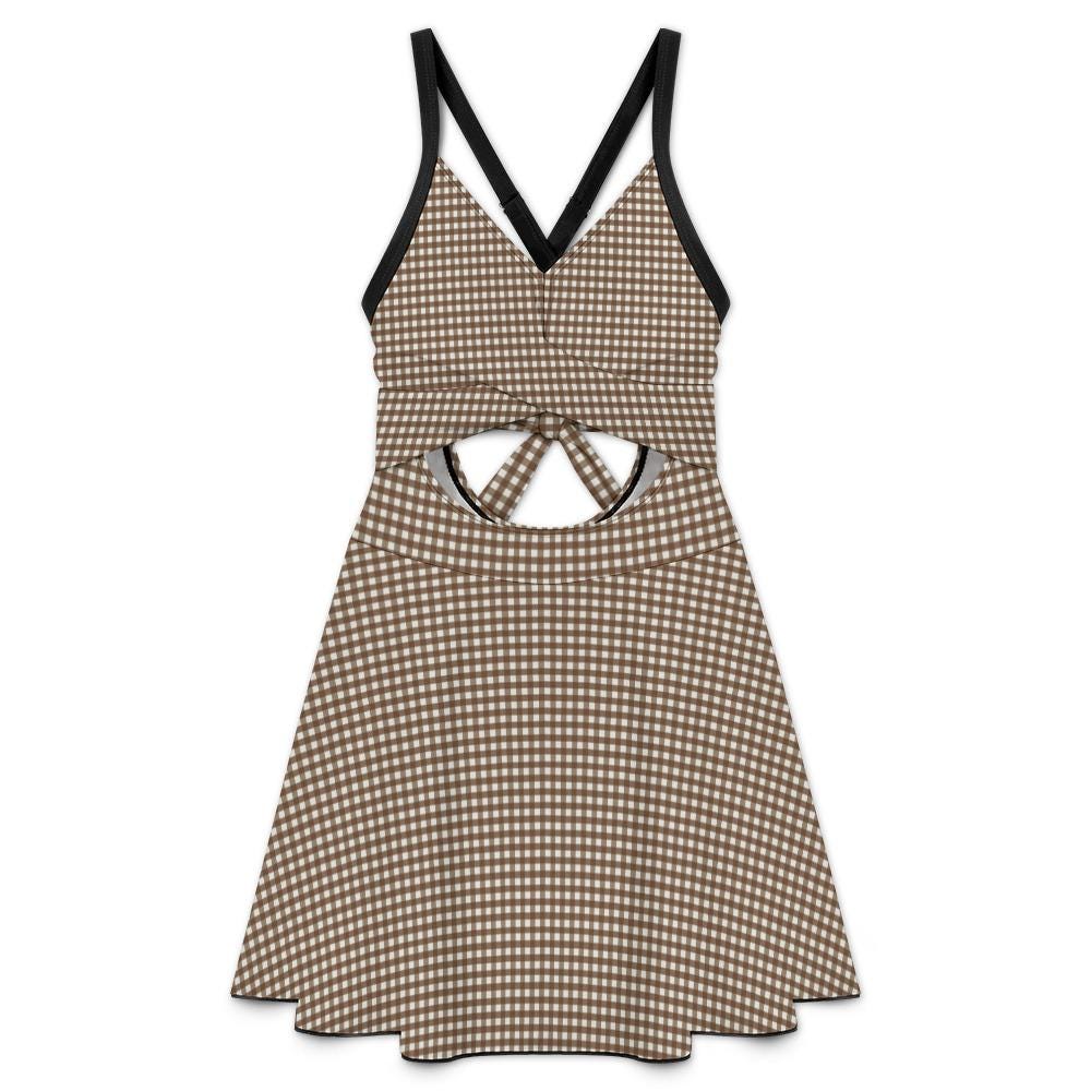Skirted One-Piece Swimsuit with Cut-Out Detail | Integrated Bottoms | Brown Vintage Gingham
