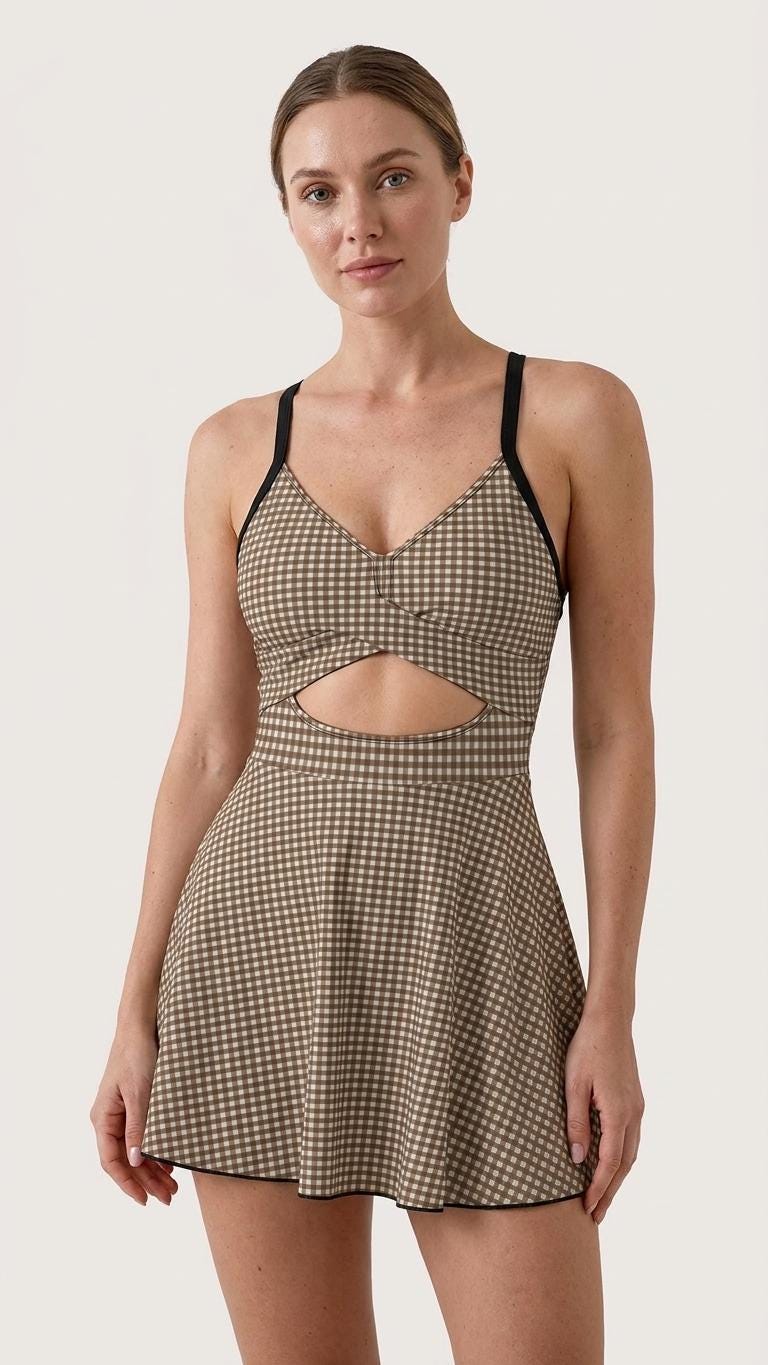Skirted One-Piece Swimsuit with Cut-Out Detail | Integrated Bottoms | Brown Vintage Gingham