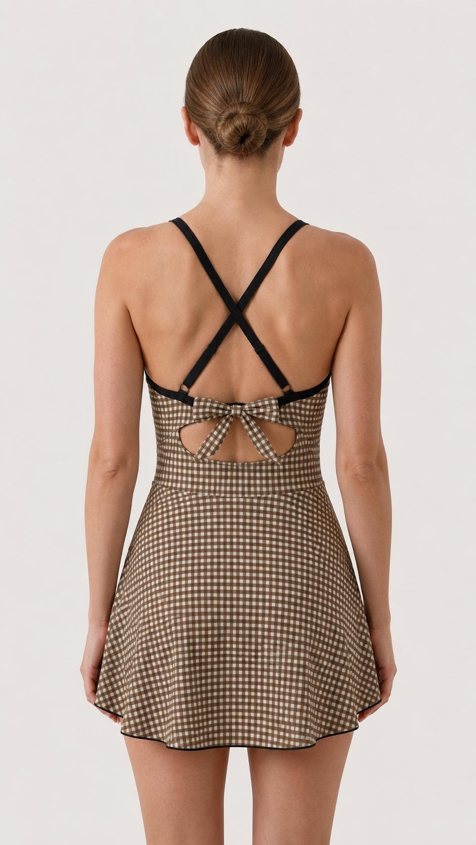 Skirted One-Piece Swimsuit with Cut-Out Detail | Integrated Bottoms | Brown Vintage Gingham