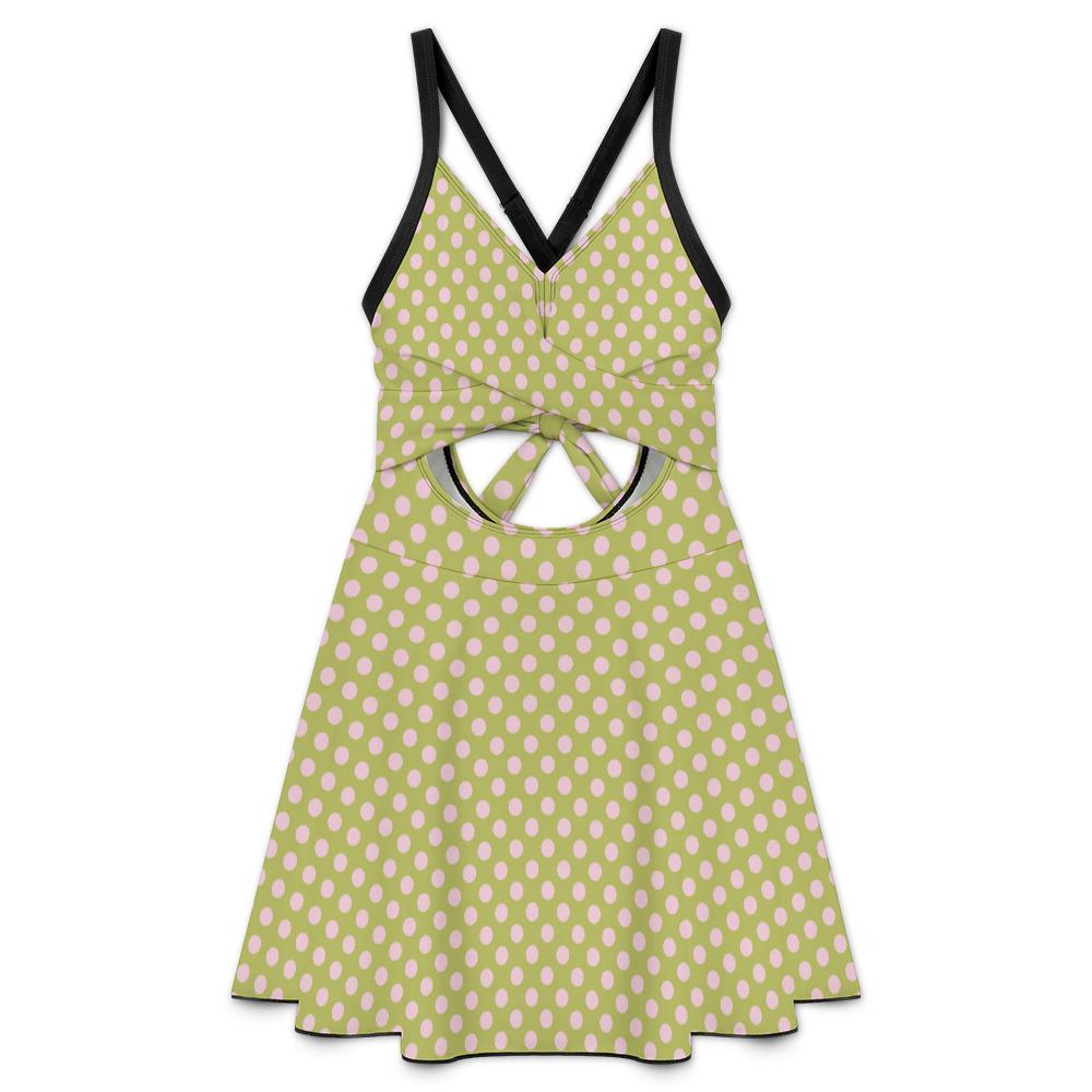 Skirted One-Piece Swimsuit with Cut-Out Detail | Integrated Bottoms | Green & Pink Retro Polka-Dot