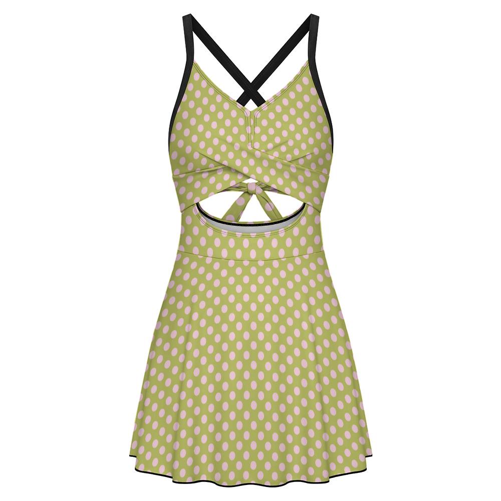 Skirted One-Piece Swimsuit with Cut-Out Detail | Integrated Bottoms | Green & Pink Retro Polka-Dot