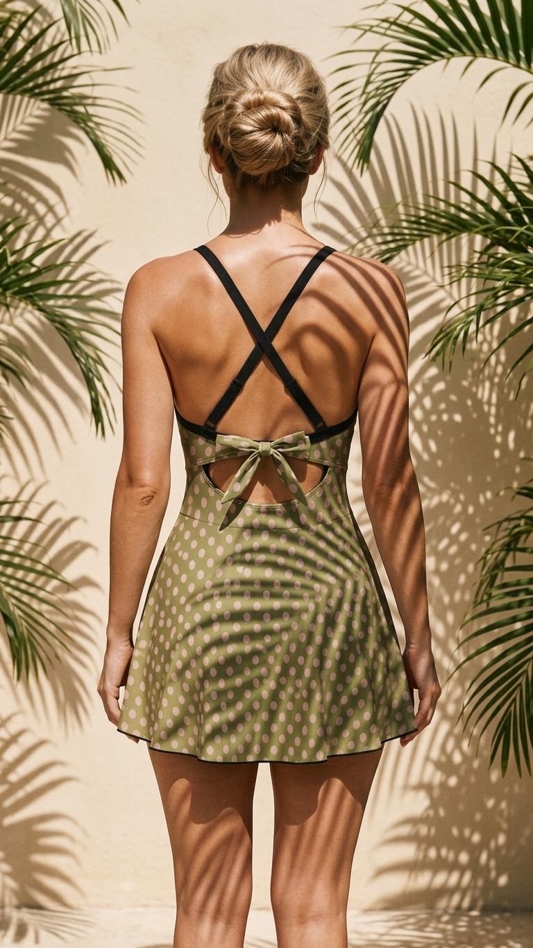 Skirted One-Piece Swimsuit with Cut-Out Detail | Integrated Bottoms | Green & Pink Retro Polka-Dot