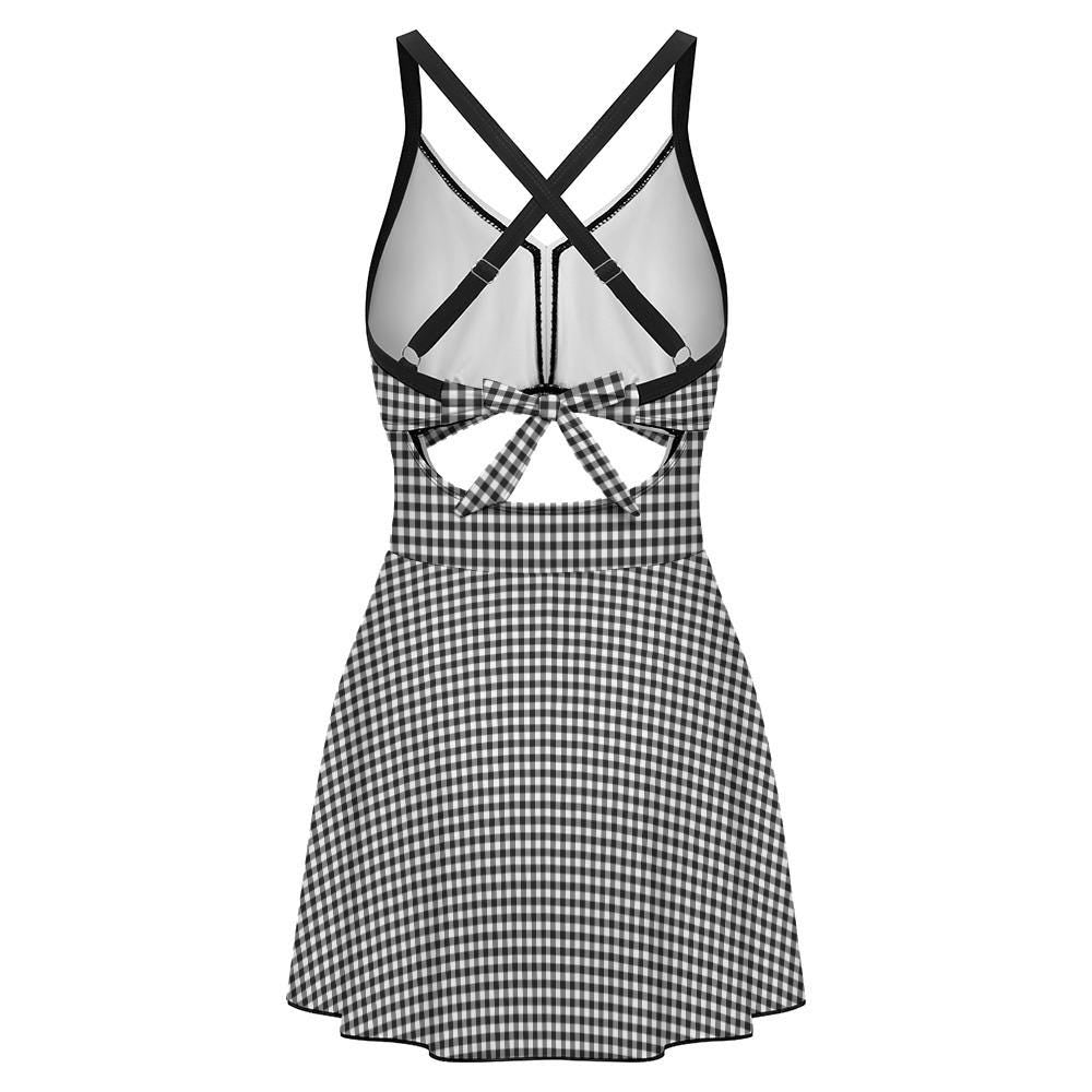 Skirted One-Piece Swimsuit with Cut-Out Detail | Integrated Bottoms | Black Vintage Gingham