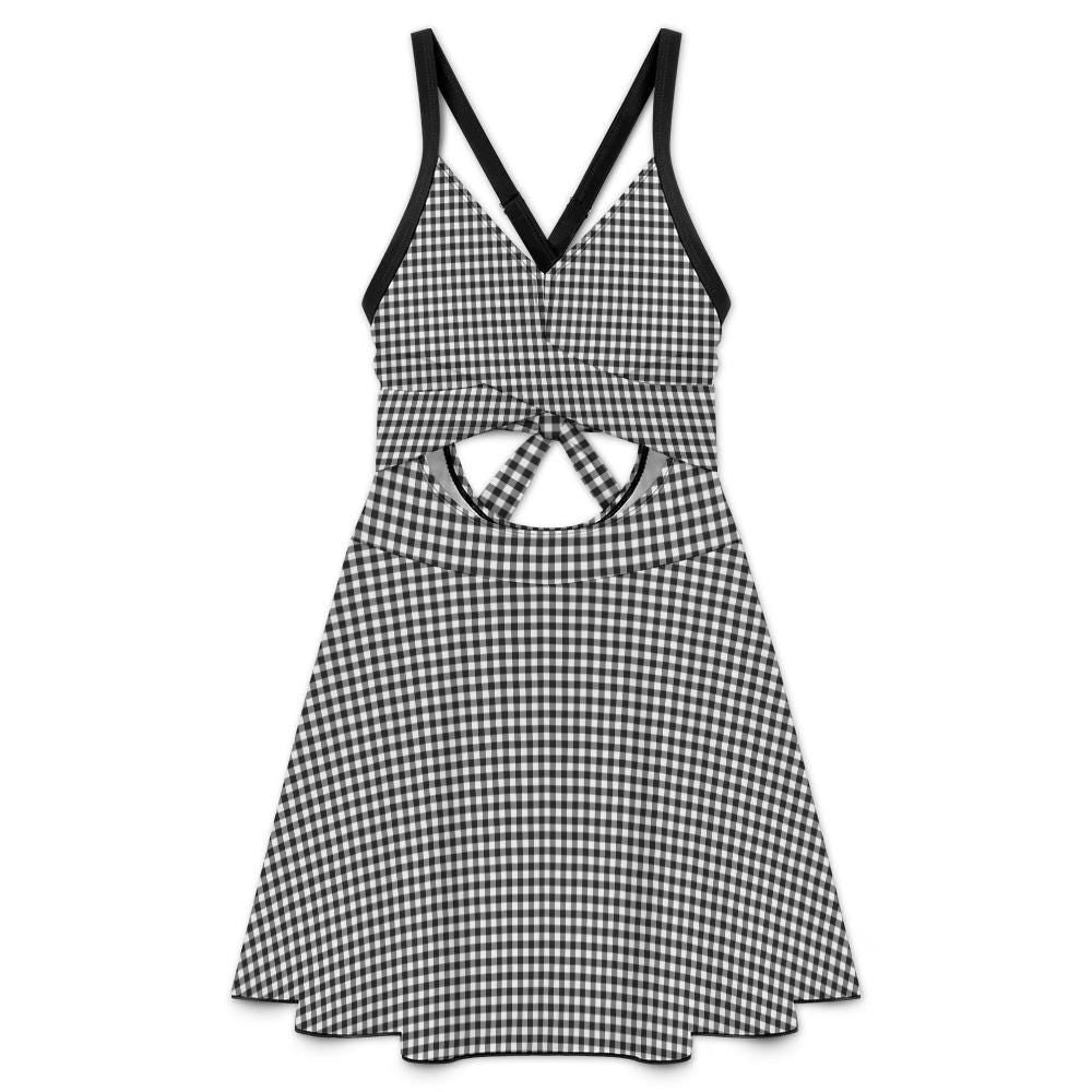 Skirted One-Piece Swimsuit with Cut-Out Detail | Integrated Bottoms | Black Vintage Gingham