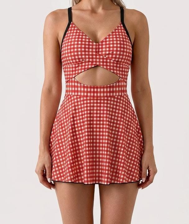 Skirted One-Piece Swimsuit with Cut-Out Detail | Integrated Bottoms | Red Vintage Gingham