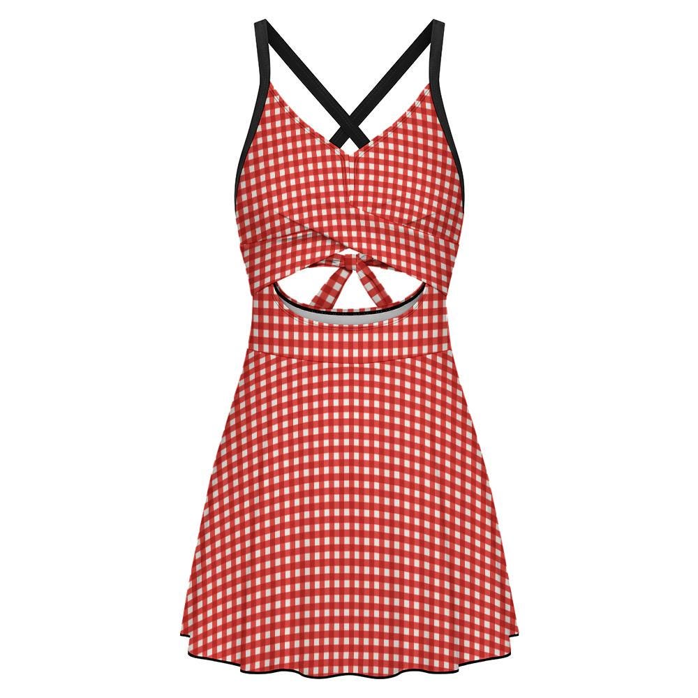Skirted One-Piece Swimsuit with Cut-Out Detail | Integrated Bottoms | Red Vintage Gingham