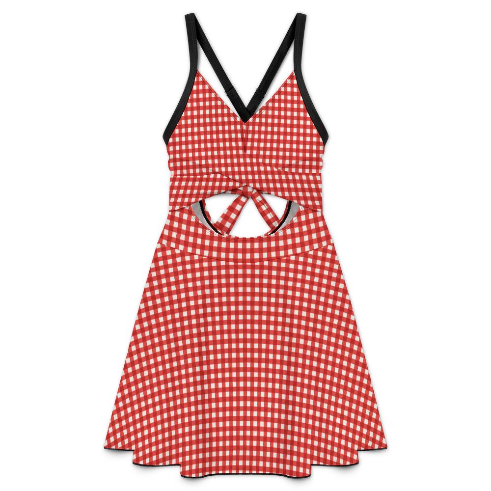 Skirted One-Piece Swimsuit with Cut-Out Detail | Integrated Bottoms | Red Vintage Gingham