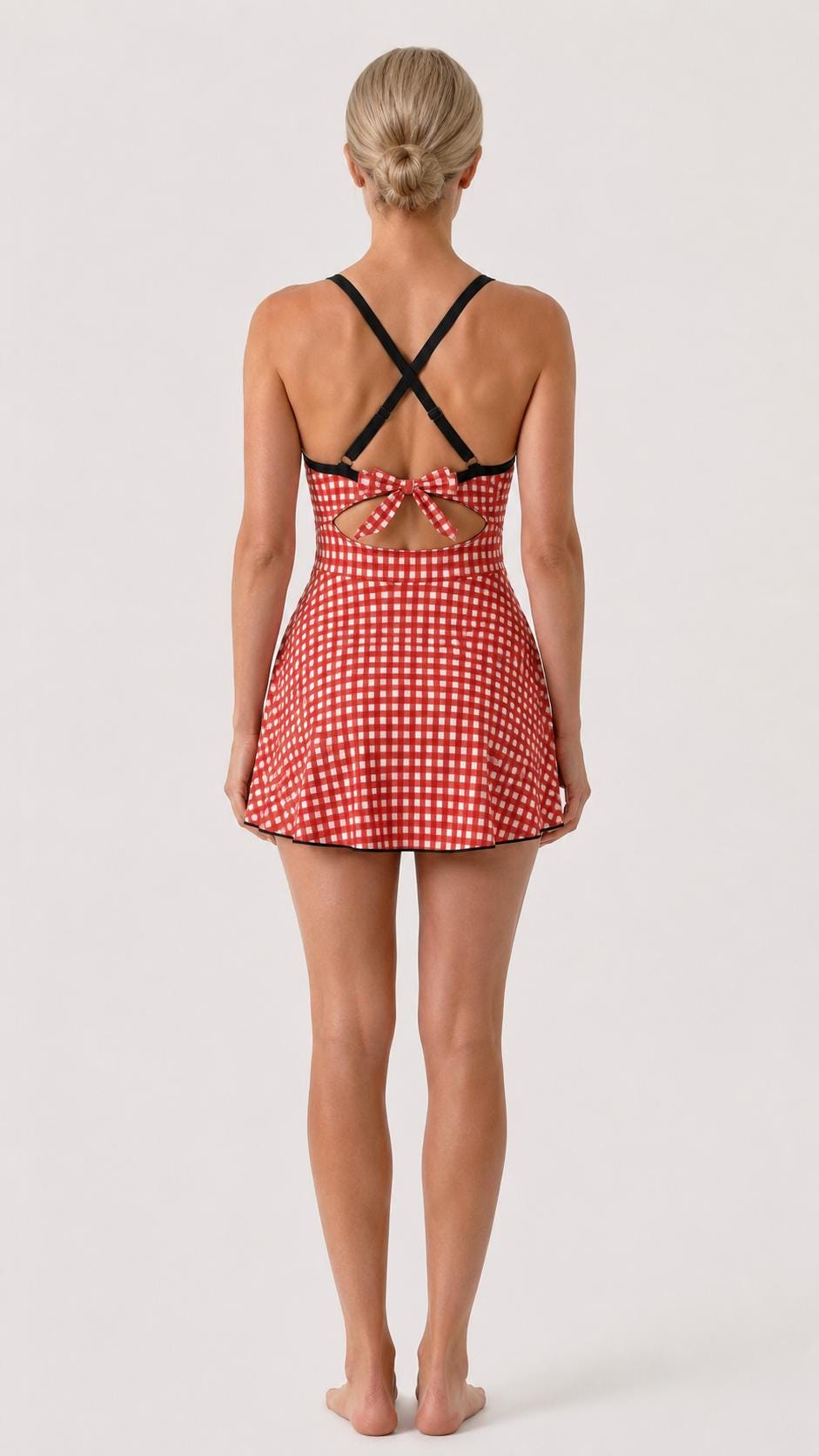 Skirted One-Piece Swimsuit with Cut-Out Detail | Integrated Bottoms | Red Vintage Gingham