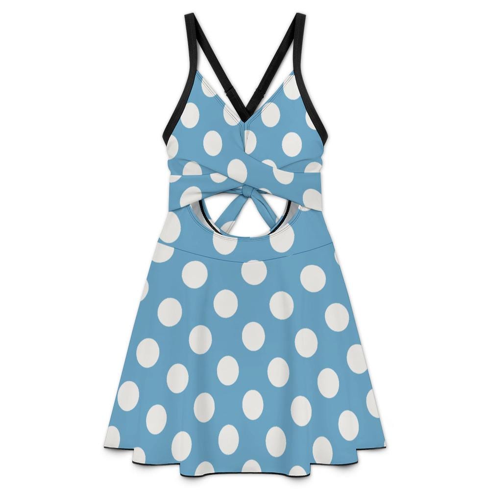 Skirted One-Piece Swimsuit with Cut-Out Detail | Integrated Bottoms | Blue Retro Polka-Dot