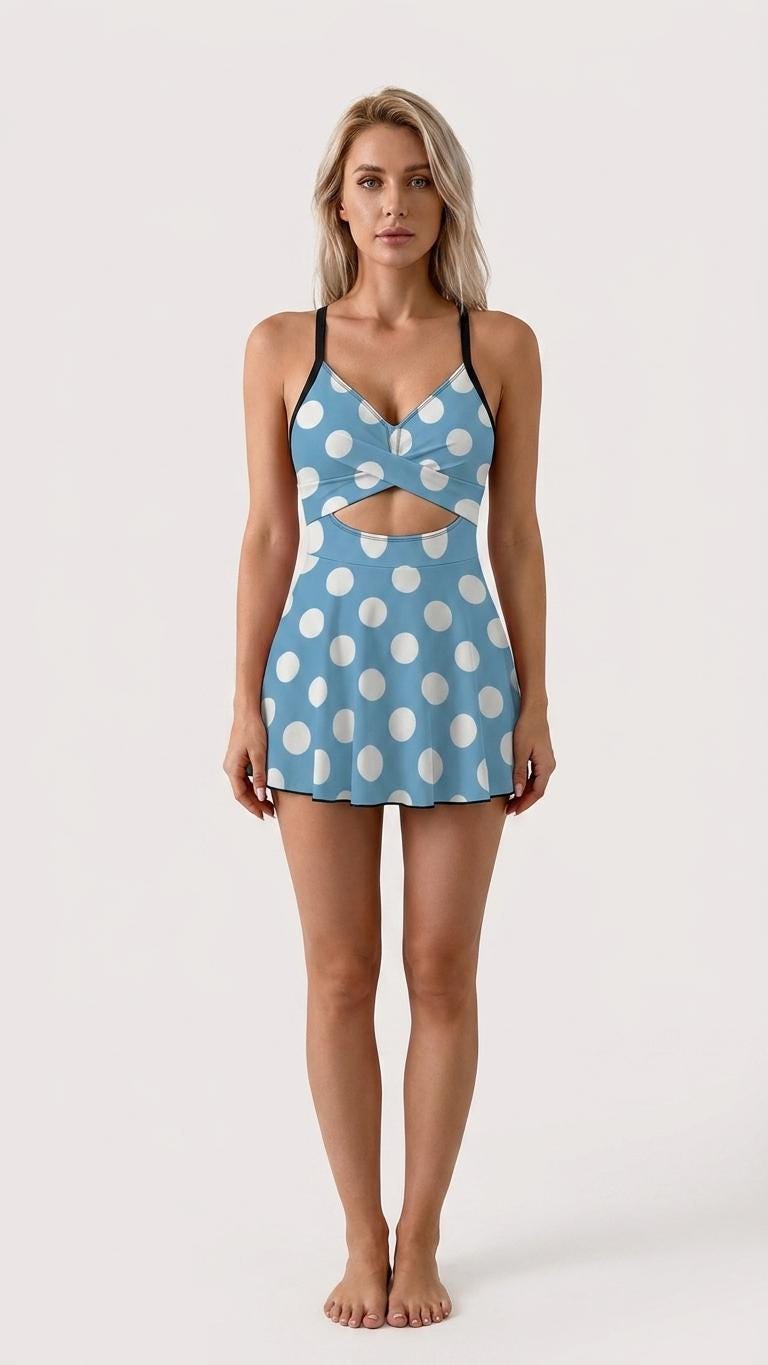 Skirted One-Piece Swimsuit with Cut-Out Detail | Integrated Bottoms | Blue Retro Polka-Dot