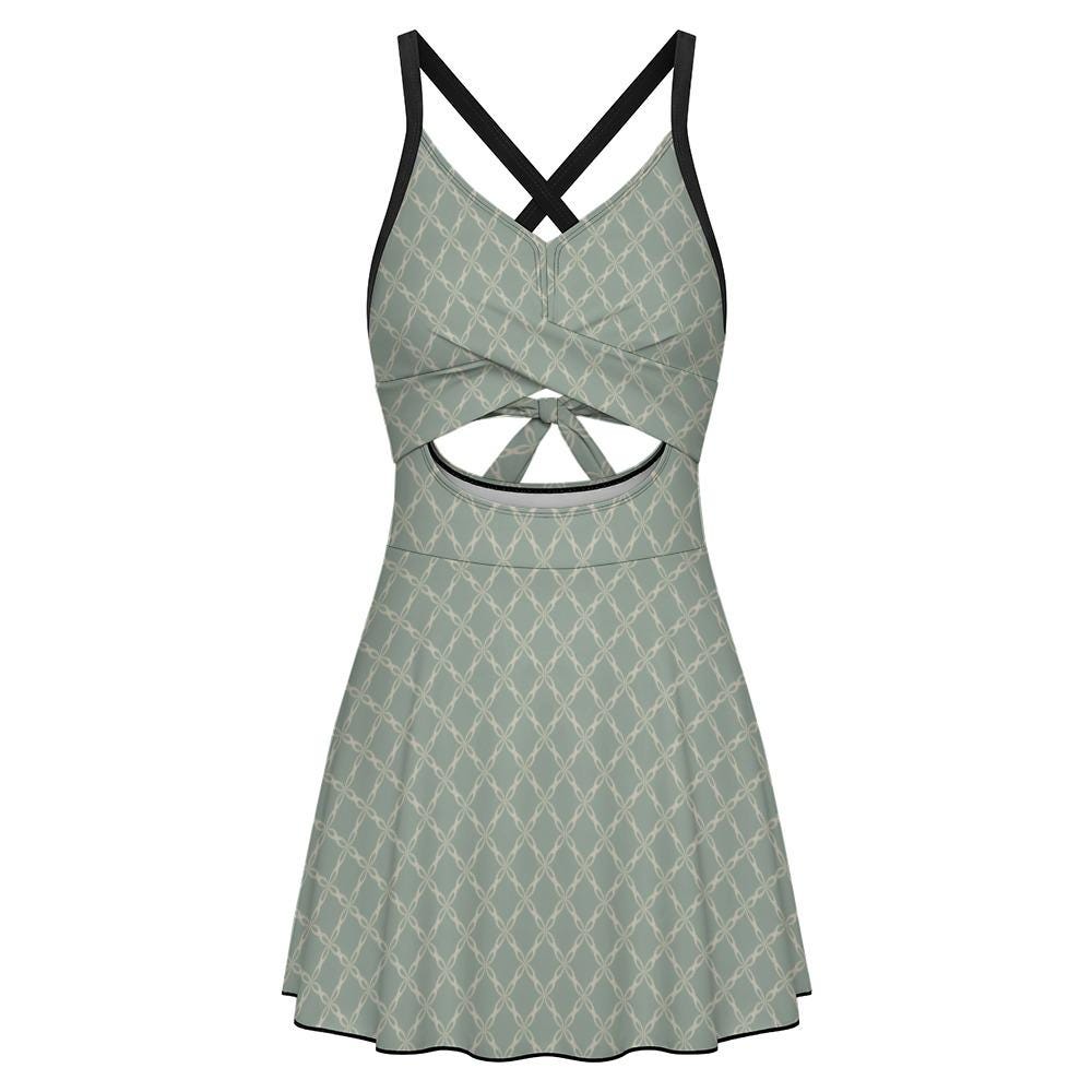 Skirted One-Piece Swimsuit with Cut-Out Detail | Integrated Bottoms | Blue- Grey Retro Trellis