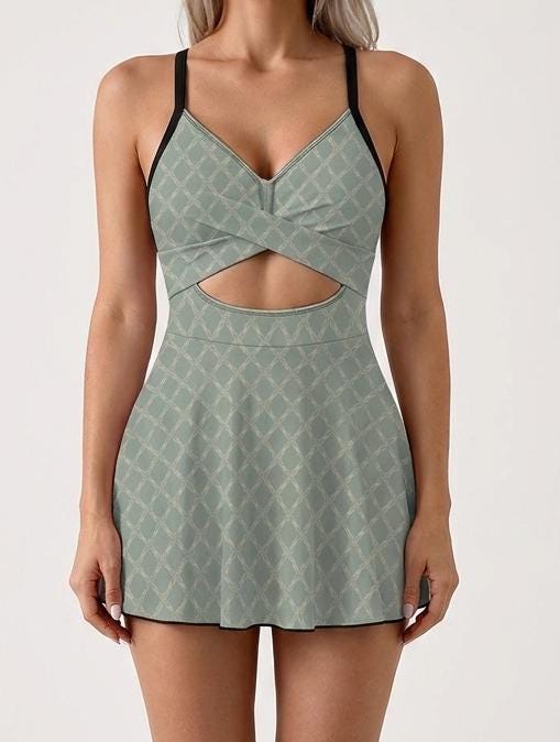 Skirted One-Piece Swimsuit with Cut-Out Detail | Integrated Bottoms | Blue- Grey Retro Trellis
