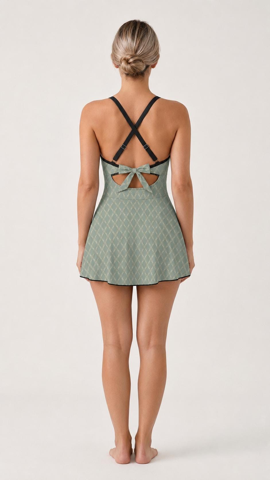 Skirted One-Piece Swimsuit with Cut-Out Detail | Integrated Bottoms | Blue- Grey Retro Trellis