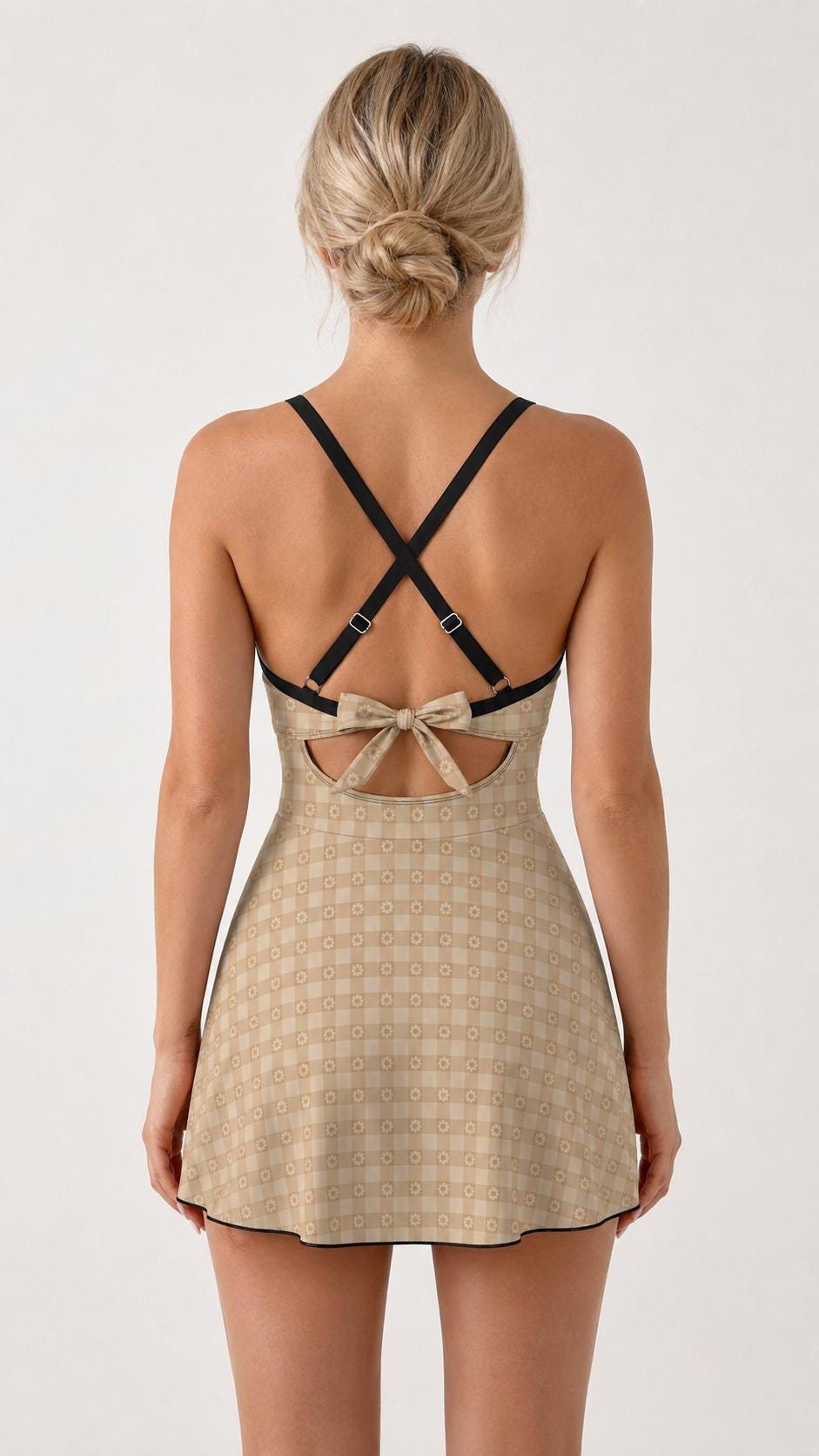 Skirted One-Piece Swimsuit with Cut-Out Detail | Integrated Bottoms | Beige Checks with Daisies