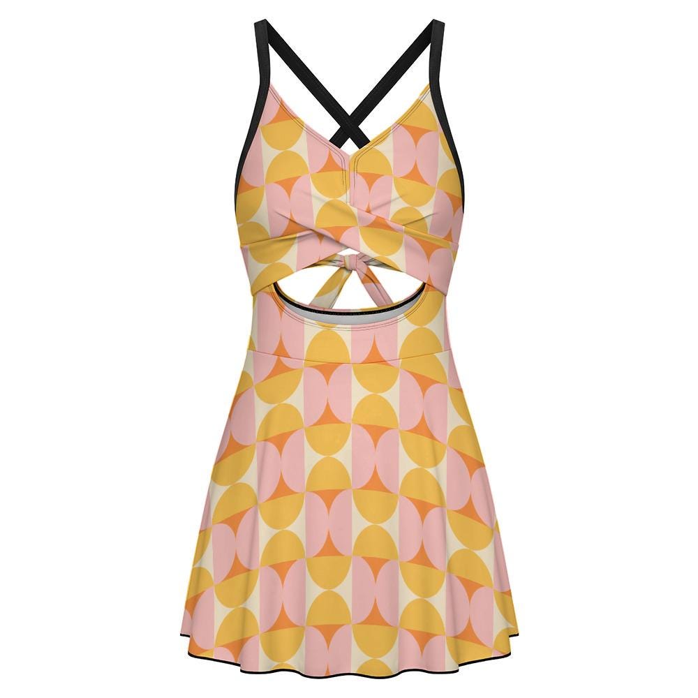 Skirted One-Piece Swimsuit with Cut-Out Detail | Integrated Bottoms | Vintage Midcentury Mod Pastel Print