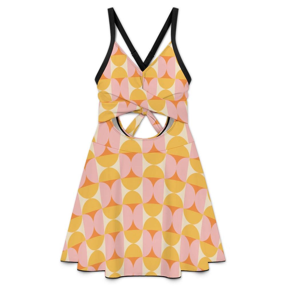 Skirted One-Piece Swimsuit with Cut-Out Detail | Integrated Bottoms | Vintage Midcentury Mod Pastel Print