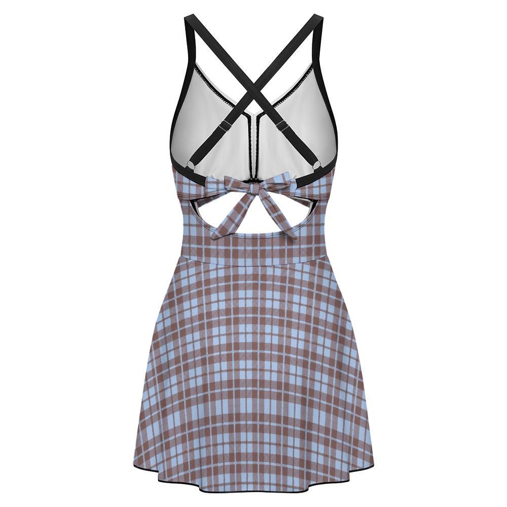 Skirted One-Piece Swimsuit with Cut-Out Detail | Integrated Bottoms | Retro Plaid in Blue & Chocolate Brown