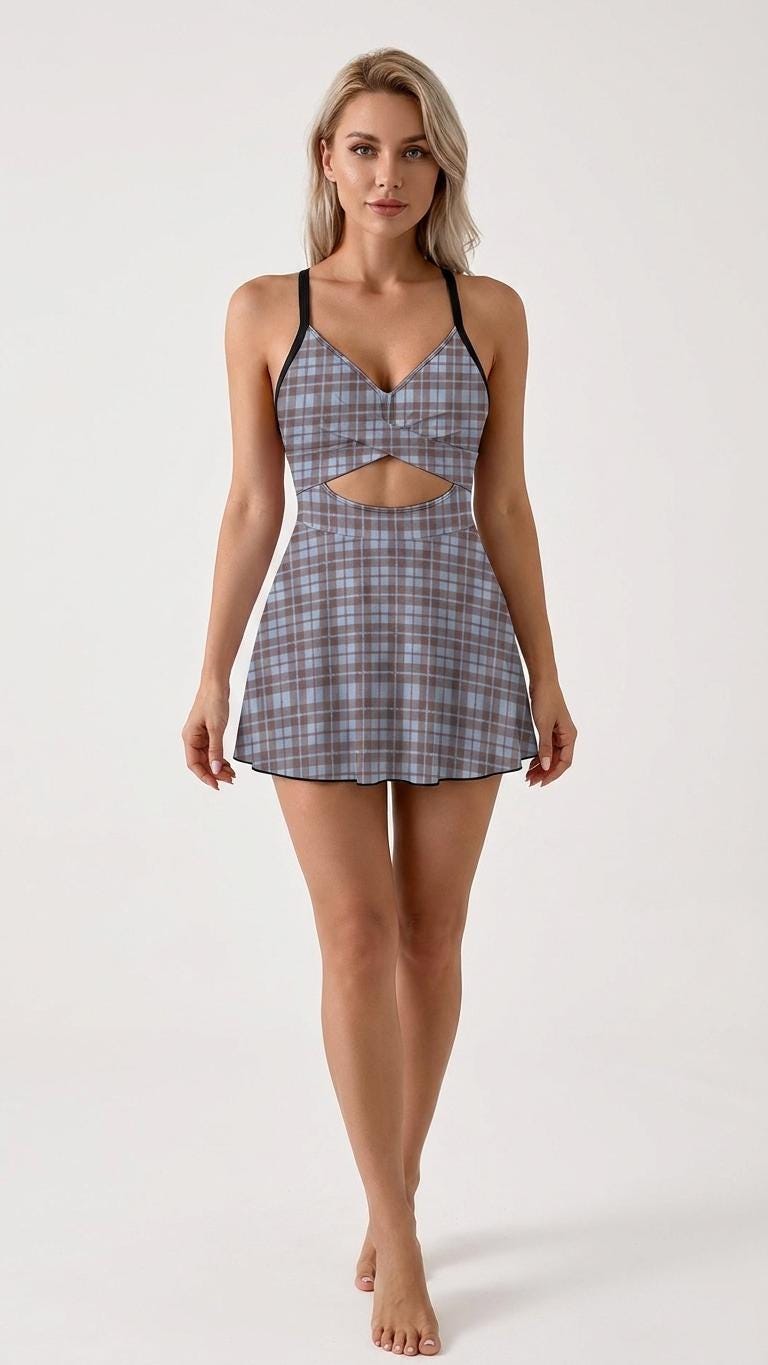 Skirted One-Piece Swimsuit with Cut-Out Detail | Integrated Bottoms | Retro Plaid in Blue & Chocolate Brown