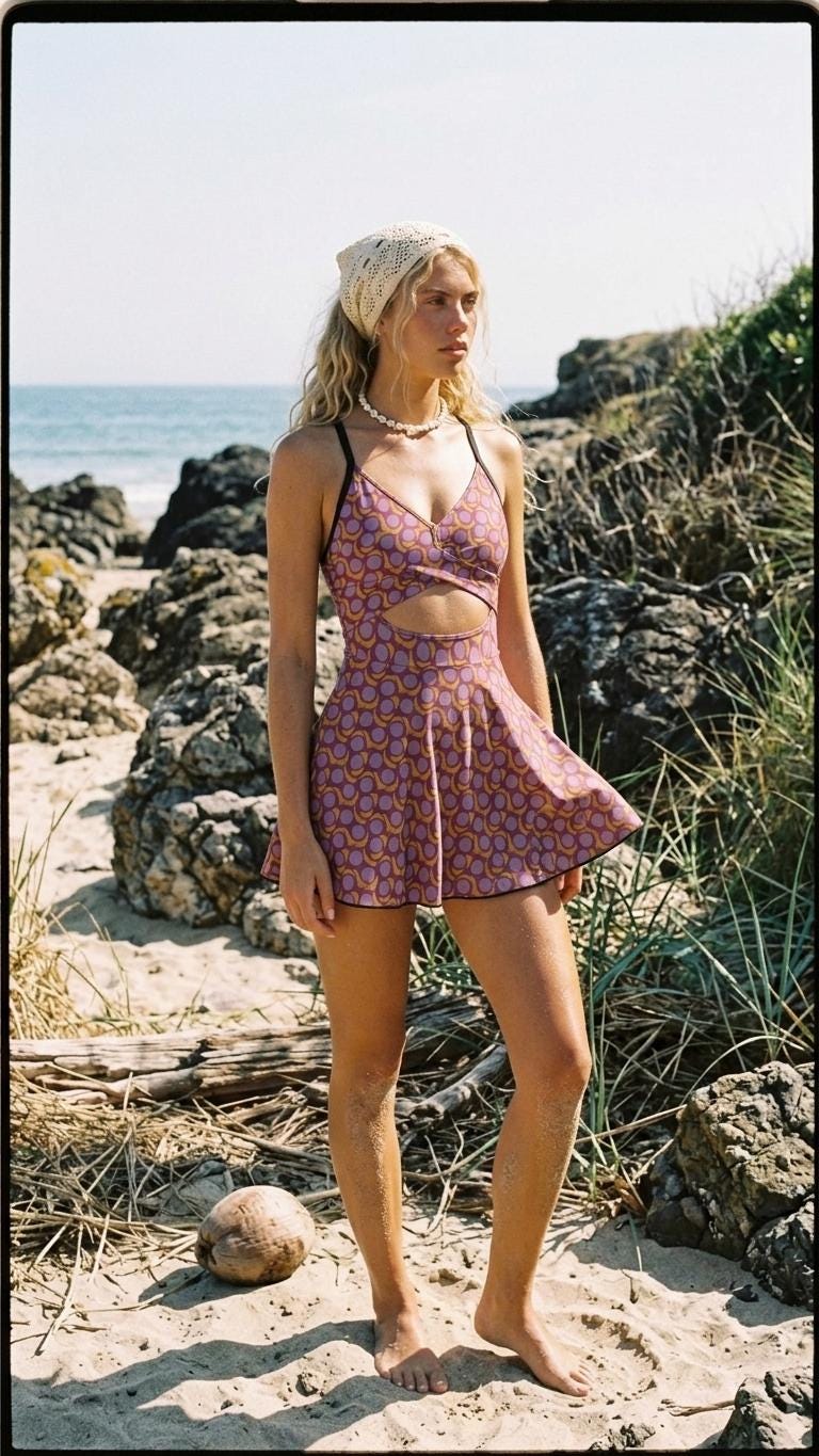 Skirted One-Piece Swimsuit with Cut-Out Detail | Integrated Bottoms | Purple Vintage Midcentury Print