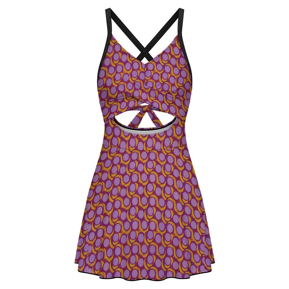 Skirted One-Piece Swimsuit with Cut-Out Detail | Integrated Bottoms | Purple Vintage Midcentury Print