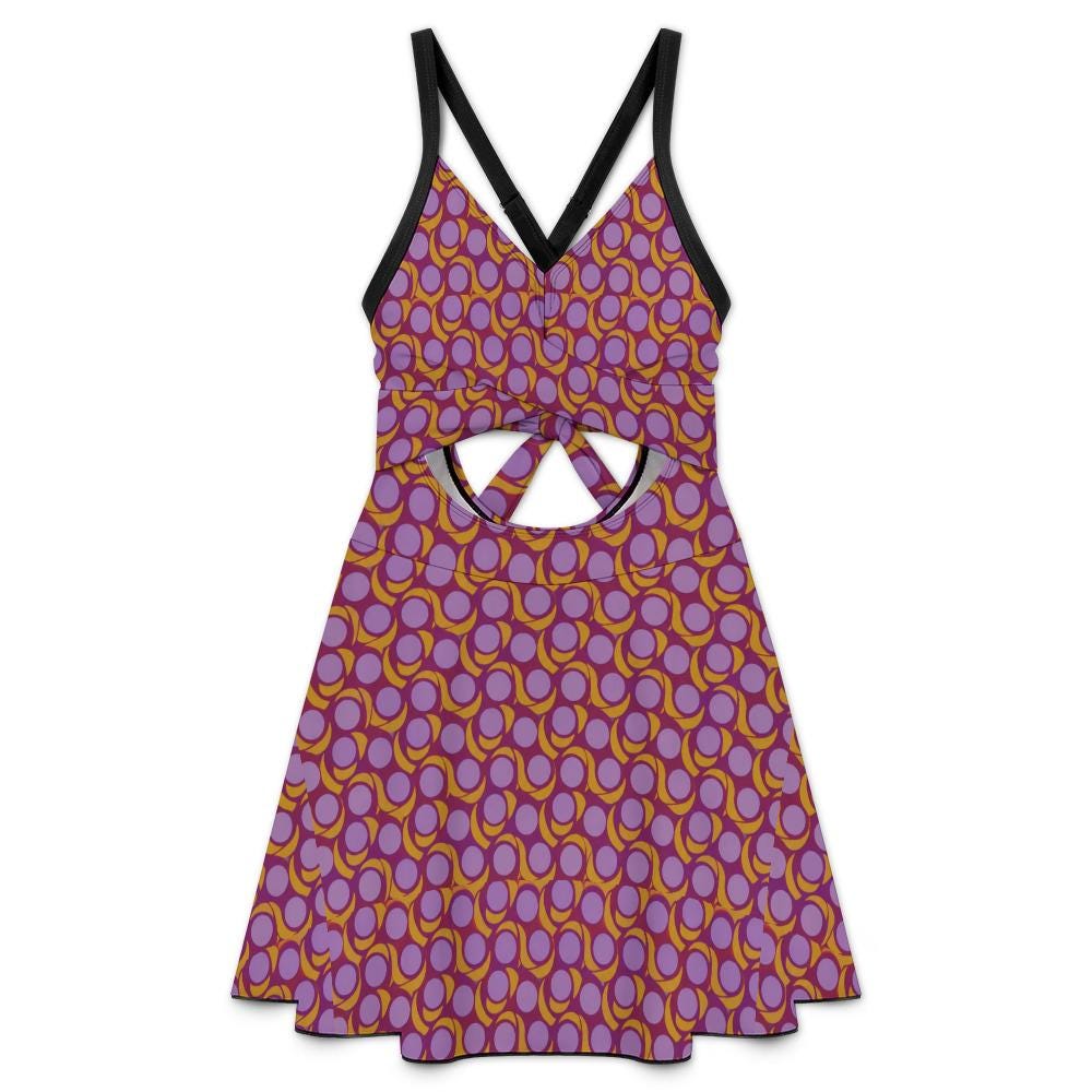 Skirted One-Piece Swimsuit with Cut-Out Detail | Integrated Bottoms | Purple Vintage Midcentury Print