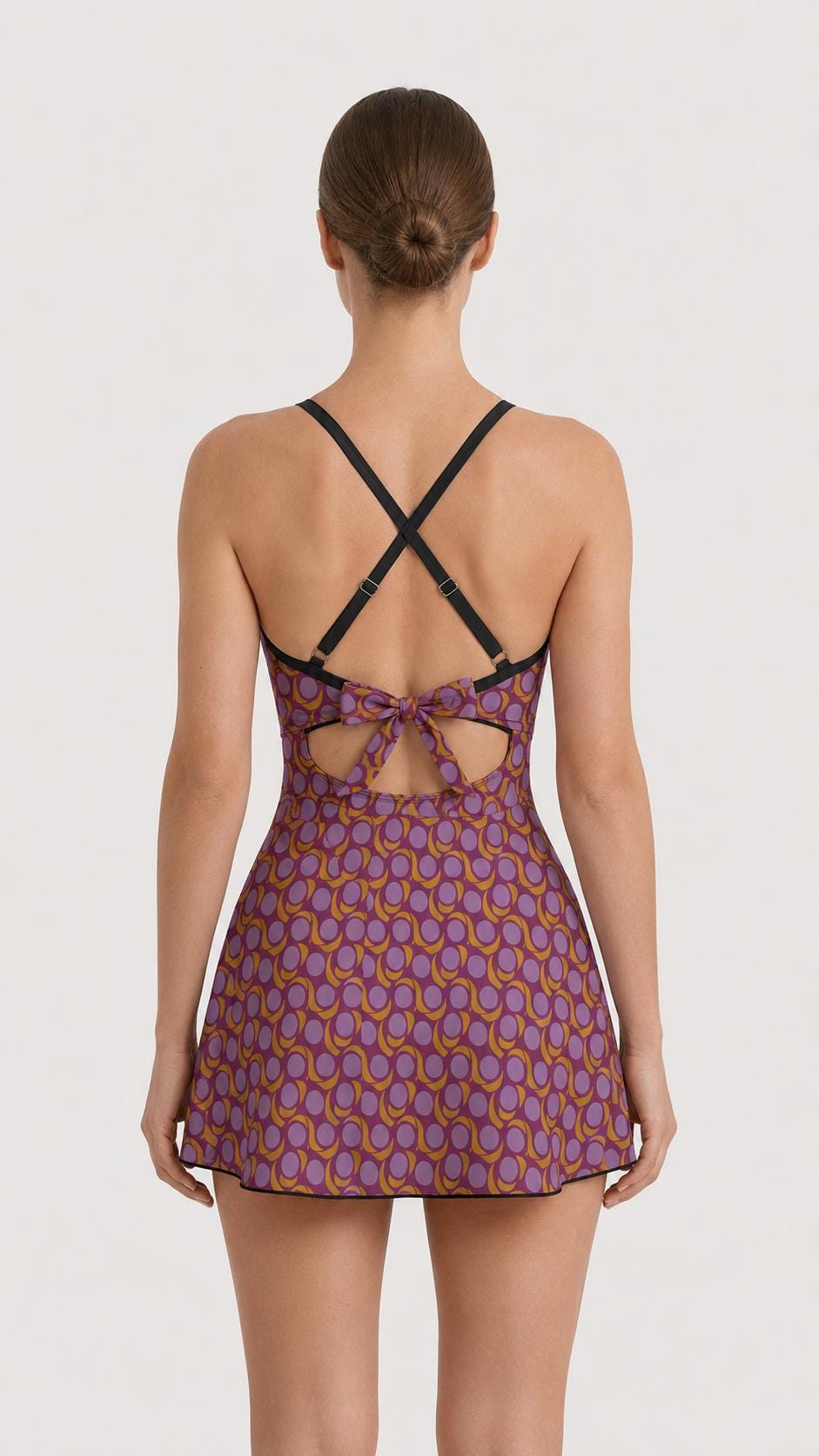 Skirted One-Piece Swimsuit with Cut-Out Detail | Integrated Bottoms | Purple Vintage Midcentury Print