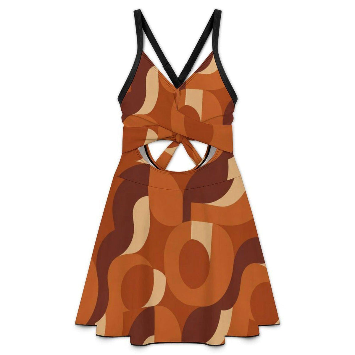 Skirted One-Piece Swimsuit with Cut-Out Detail | Integrated Bottoms | Brown Vintage Midcentury Mod Print
