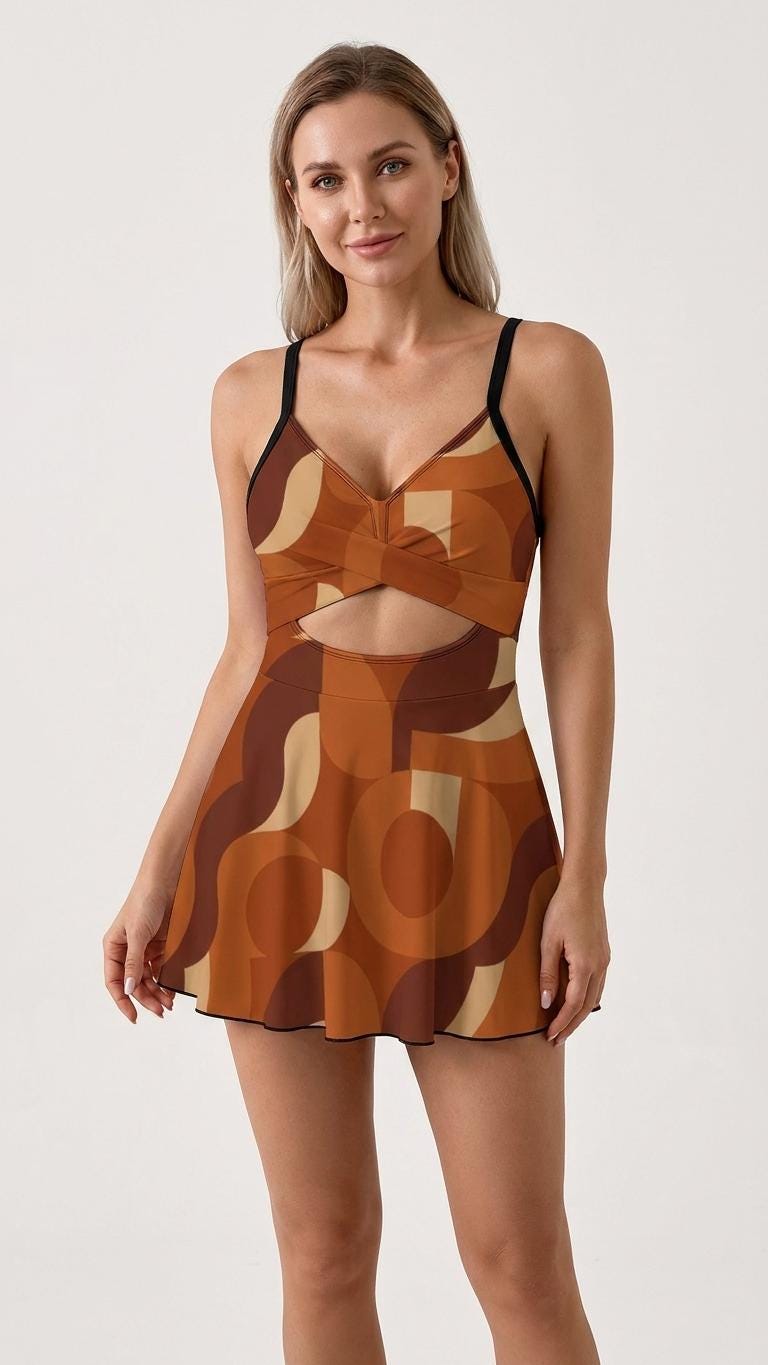 Skirted One-Piece Swimsuit with Cut-Out Detail | Integrated Bottoms | Brown Vintage Midcentury Mod Print
