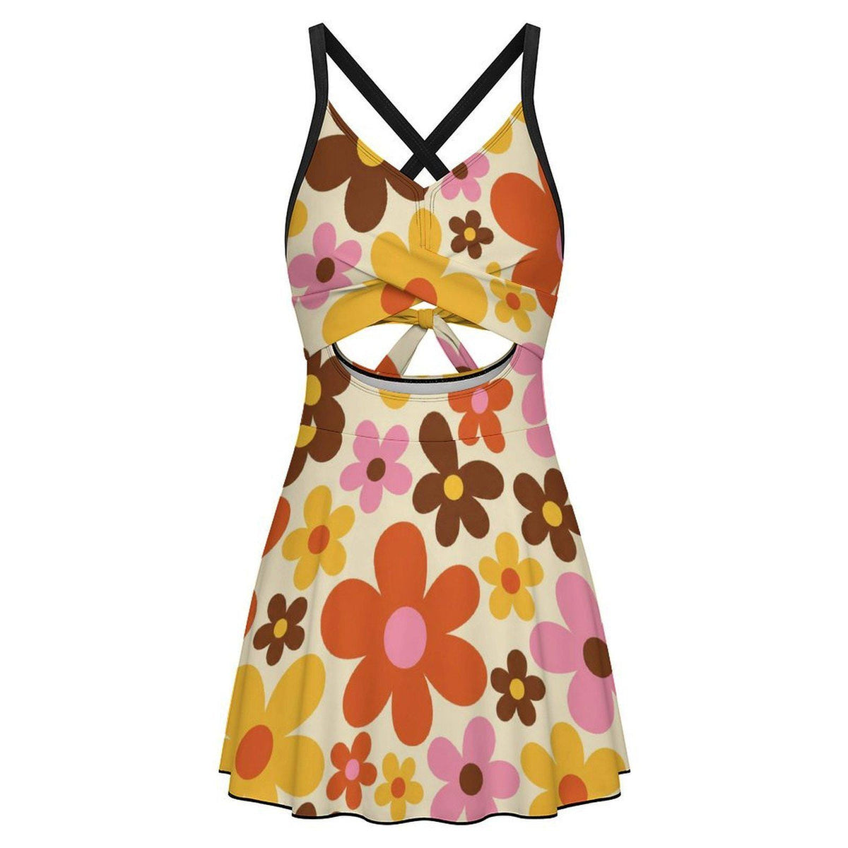 Skirted One-Piece Swimsuit with Cut-Out Detail | Integrated Bottoms | Brown Vintage Midcentury Floral Print