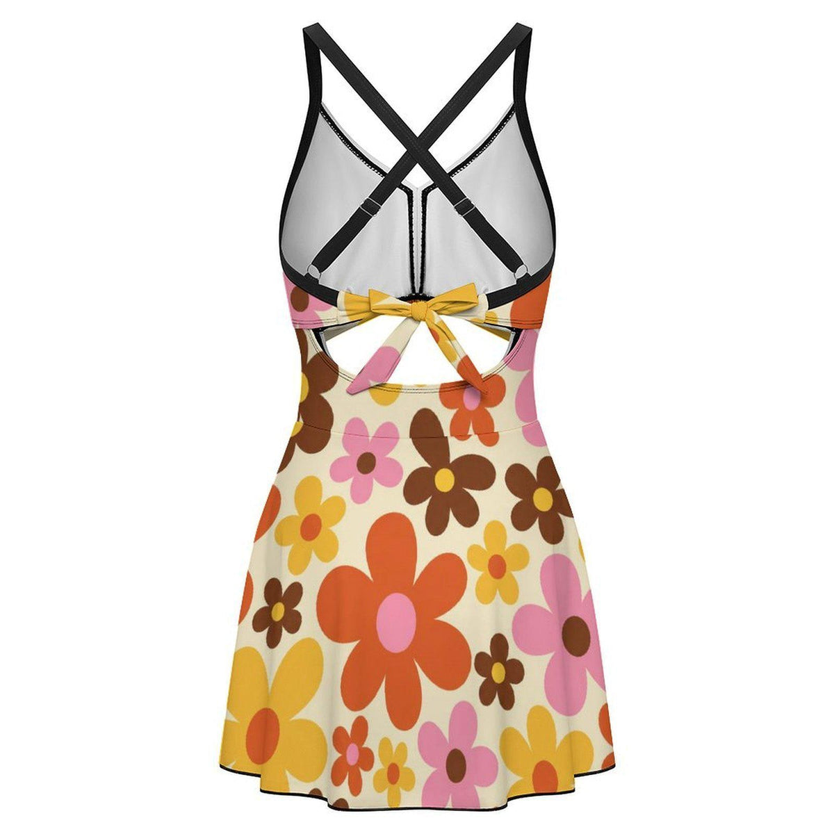 Skirted One-Piece Swimsuit with Cut-Out Detail | Integrated Bottoms | Brown Vintage Midcentury Floral Print