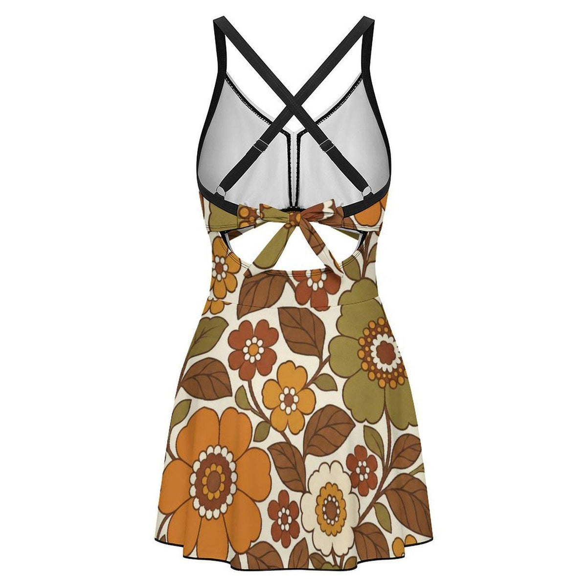 Skirted One-Piece Swimsuit with Cut-Out Detail | Integrated Bottoms | Vintage Midcentury Earthy Florals