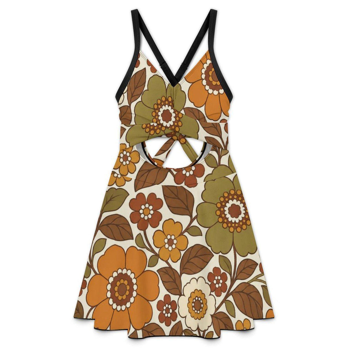 Skirted One-Piece Swimsuit with Cut-Out Detail | Integrated Bottoms | Vintage Midcentury Earthy Florals