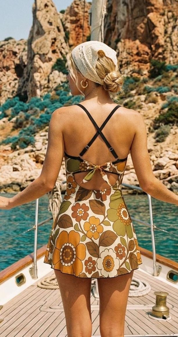 Skirted One-Piece Swimsuit with Cut-Out Detail | Integrated Bottoms | Vintage Midcentury Earthy Florals