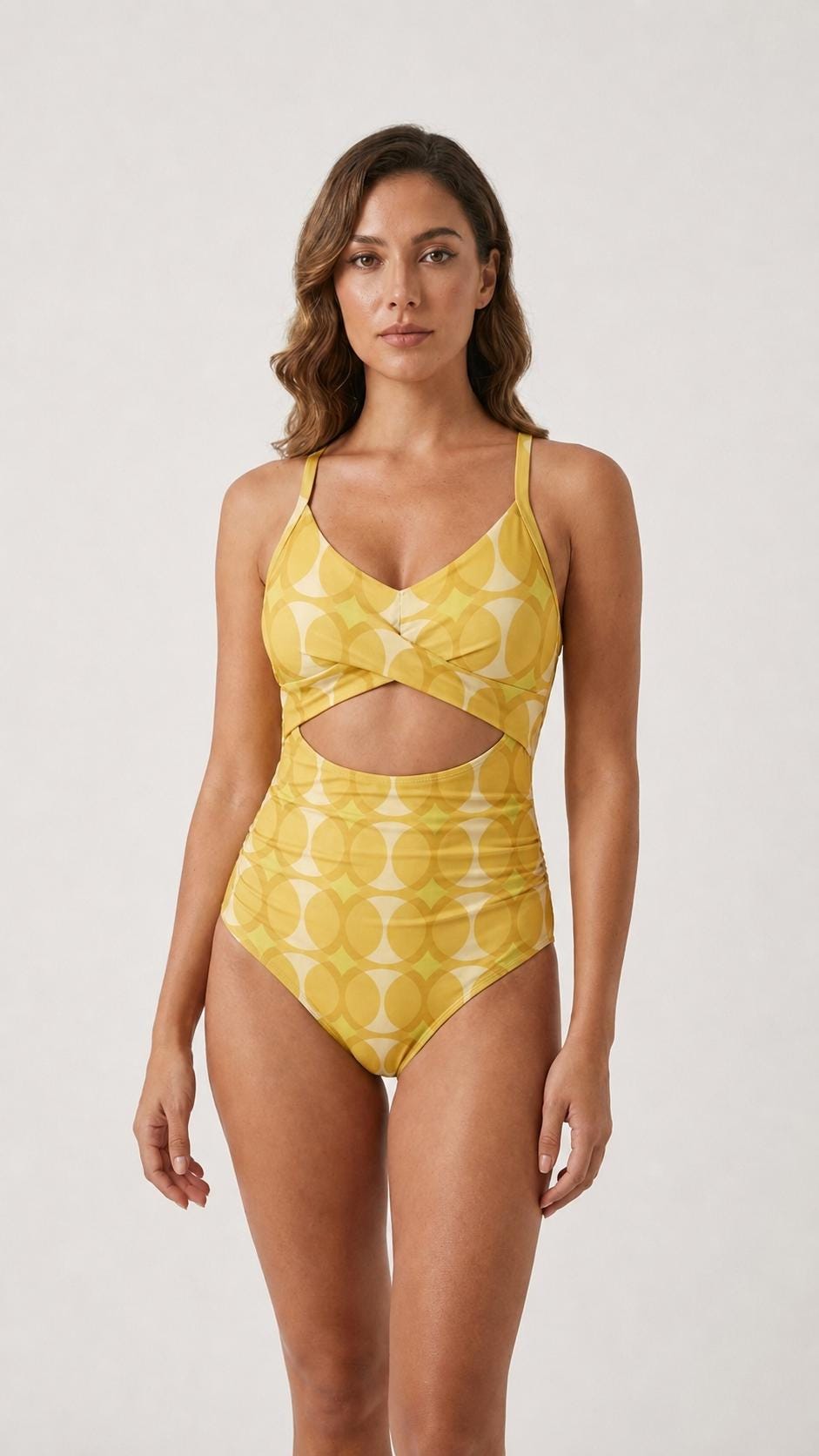 Retro Mid-Century Mustard Yellow Cut-Out One-Piece Swimsuit, Lace-Up Back & Ruching