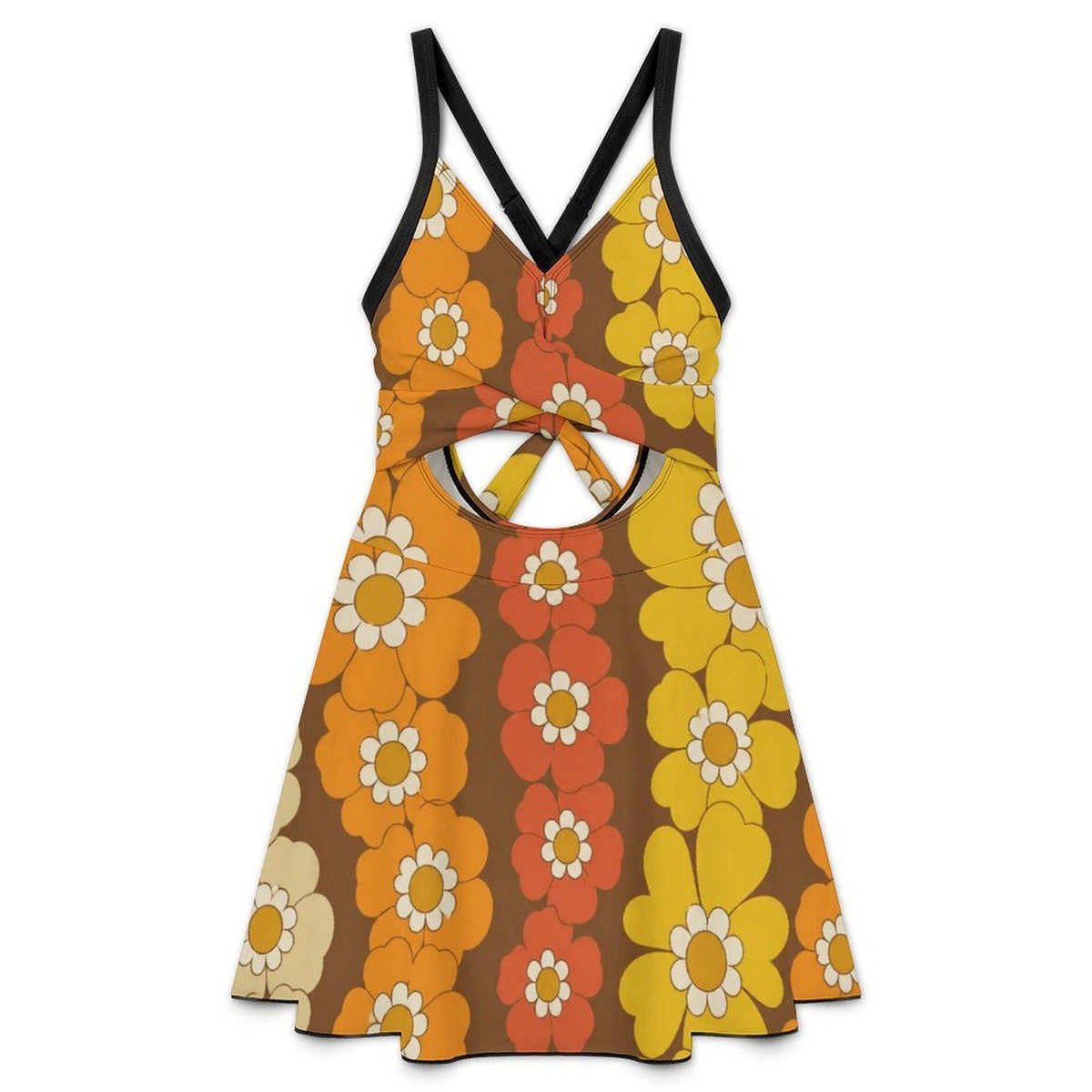 Skirted One-Piece Swimsuit with Cut-Out Detail | Integrated Bottoms | Brown Vintage Midcentury Floral Chains