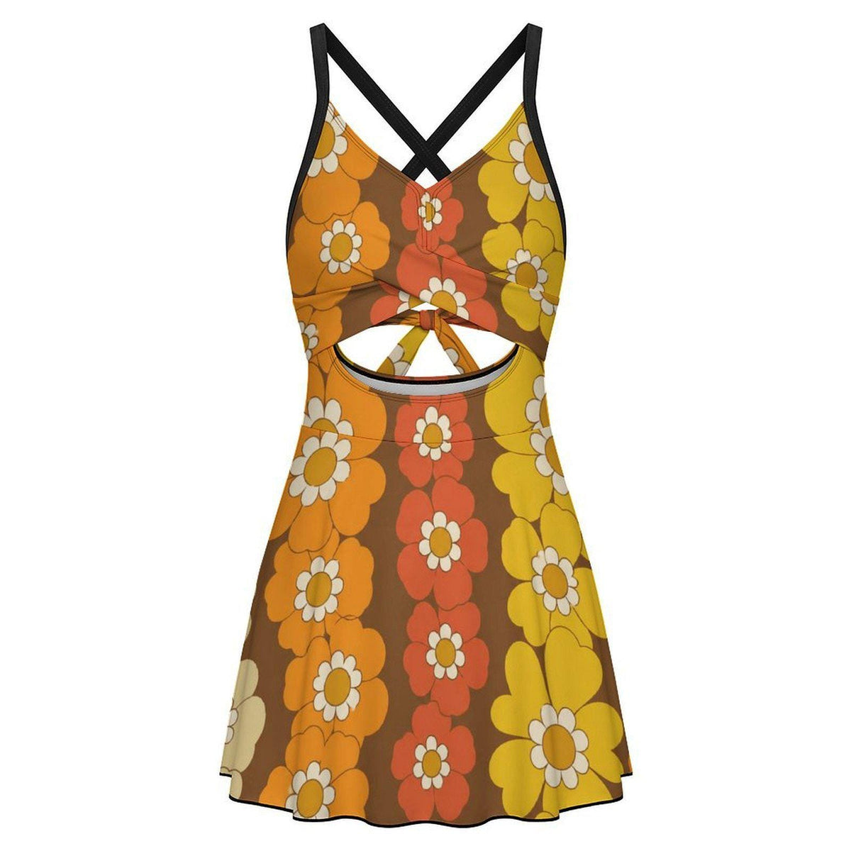 Skirted One-Piece Swimsuit with Cut-Out Detail | Integrated Bottoms | Brown Vintage Midcentury Floral Chains