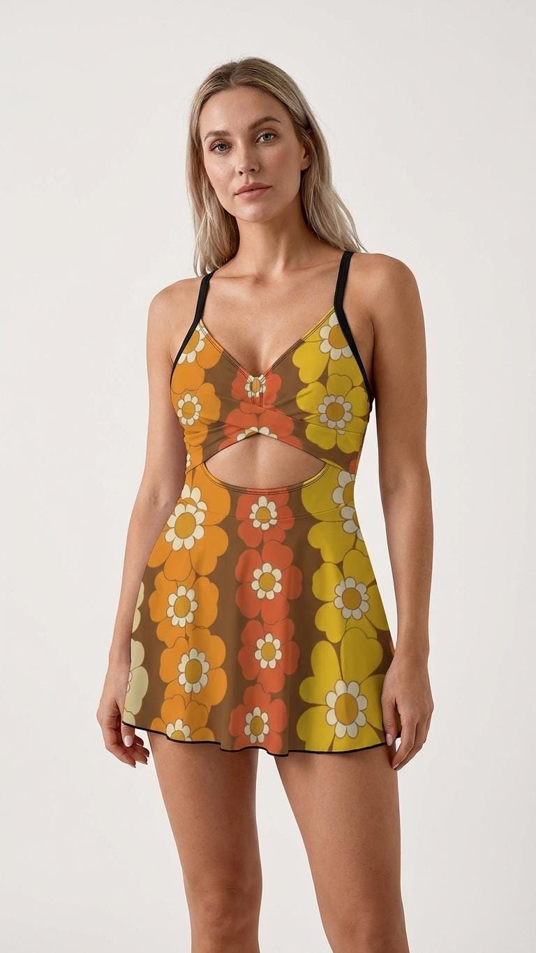 Skirted One-Piece Swimsuit with Cut-Out Detail | Integrated Bottoms | Brown Vintage Midcentury Floral Chains