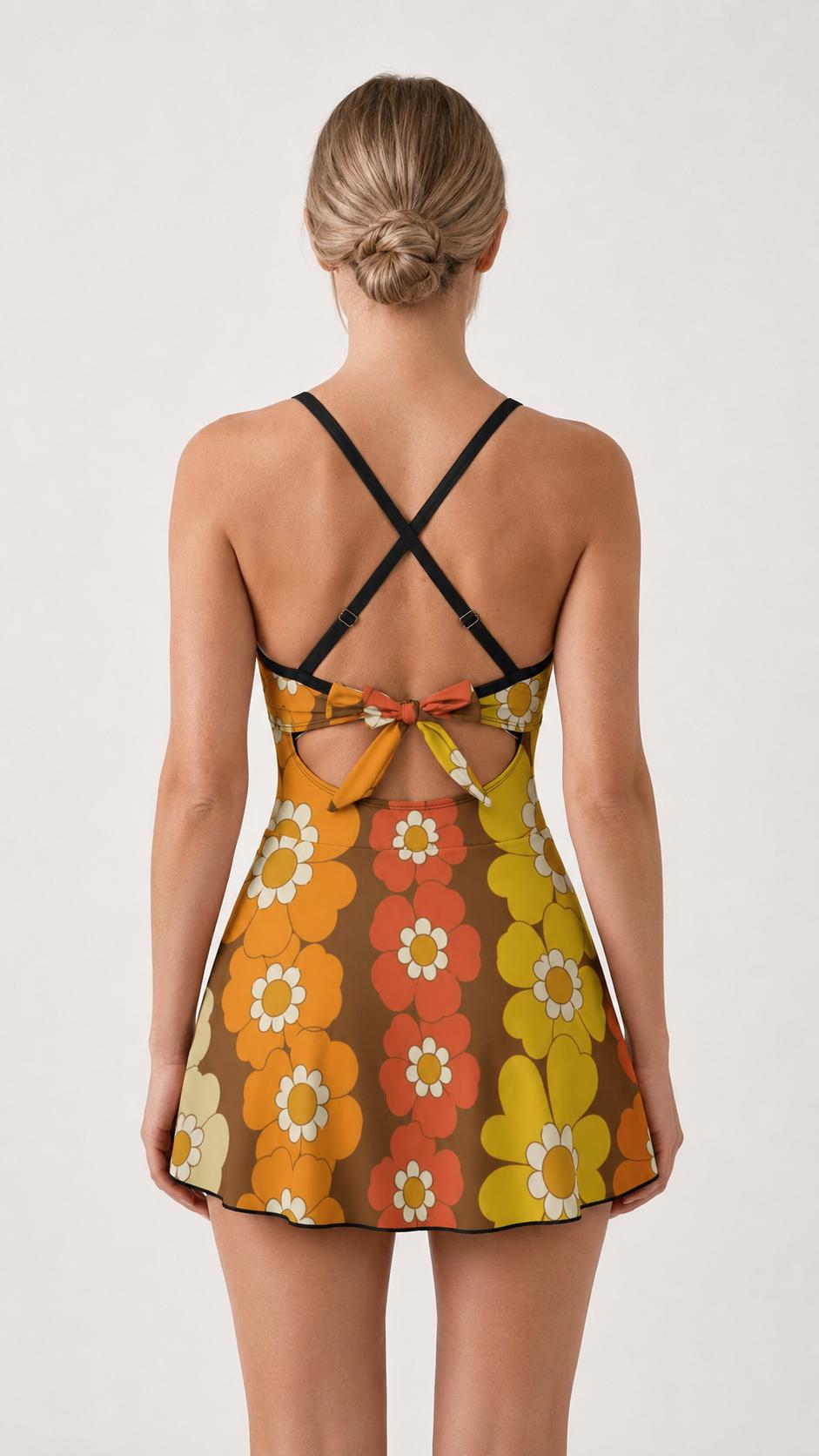 Skirted One-Piece Swimsuit with Cut-Out Detail | Integrated Bottoms | Brown Vintage Midcentury Floral Chains