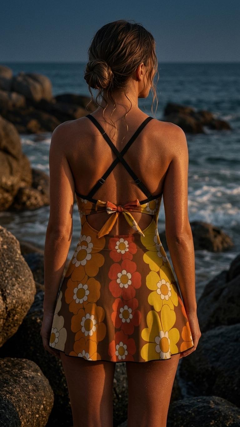 Skirted One-Piece Swimsuit with Cut-Out Detail | Integrated Bottoms | Brown Vintage Midcentury Floral Chains