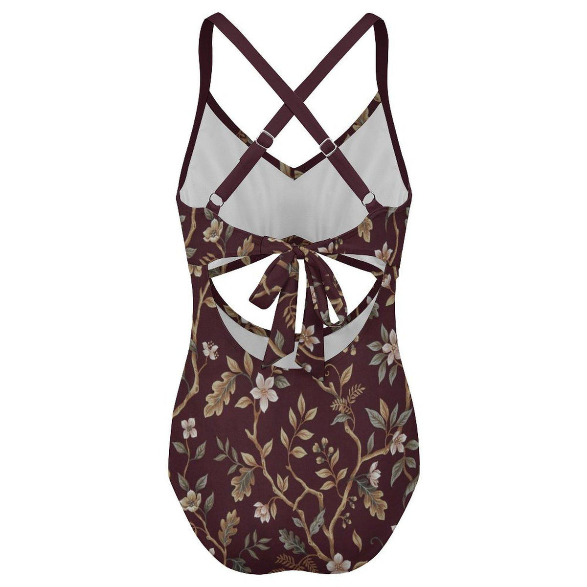 Retro Romantic Floral Brown Cut-Out One-Piece Swimsuit, Lace-Up Back & Ruching