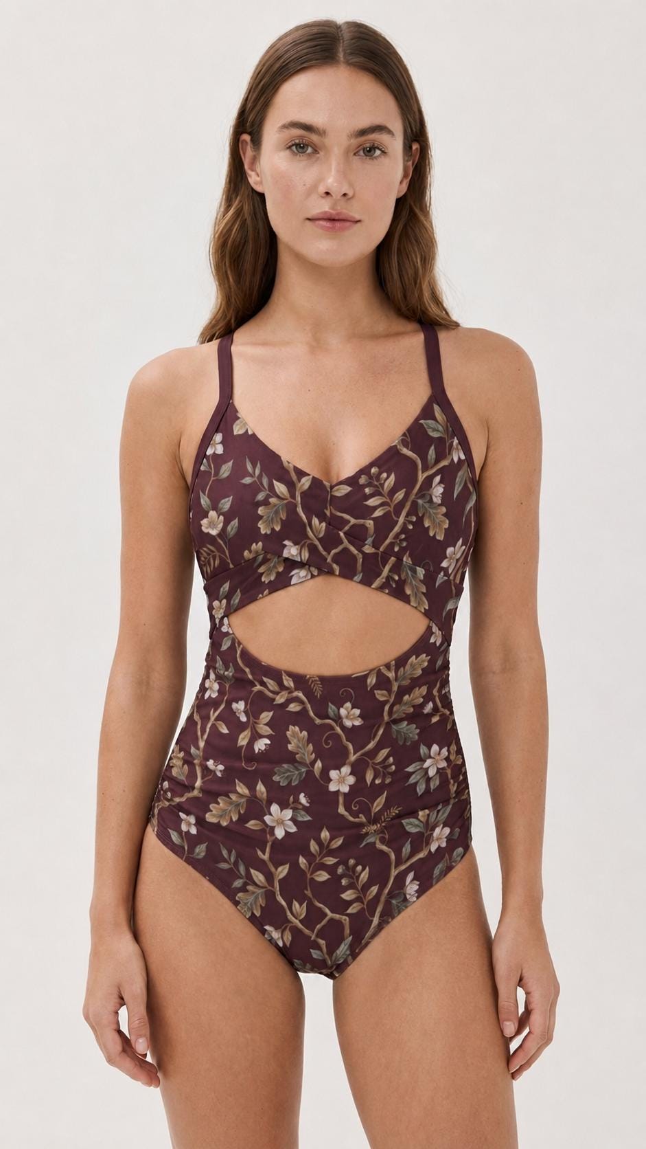 Retro Romantic Floral Brown Cut-Out One-Piece Swimsuit, Lace-Up Back & Ruching