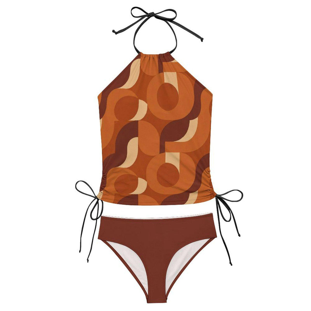 Retro Mod-Style Print Tankini – Vintage-Inspired Two-Piece Drawstring Halterneck Swimsuit in Brown