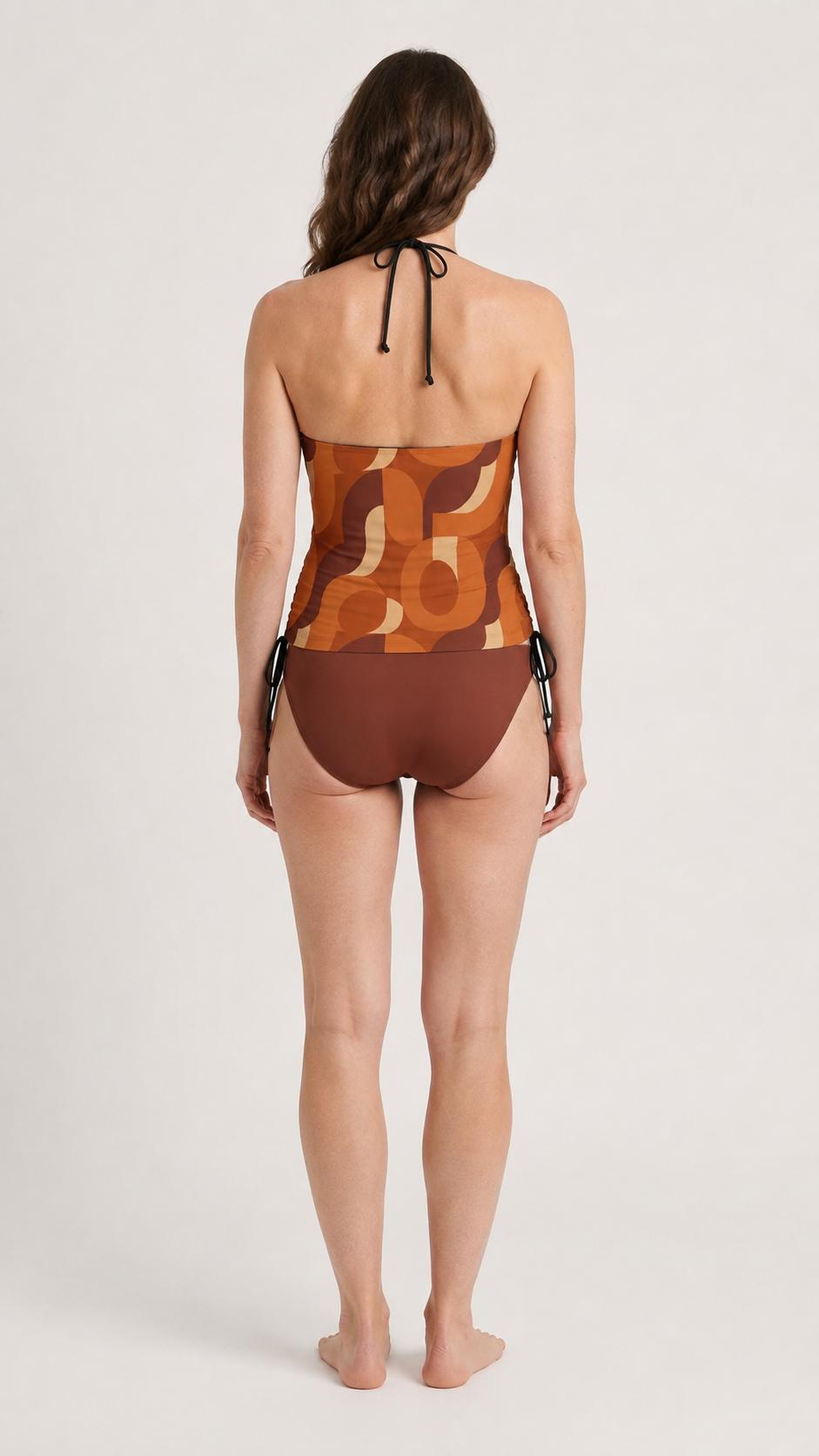 Retro Mod-Style Print Tankini – Vintage-Inspired Two-Piece Drawstring Halterneck Swimsuit in Brown