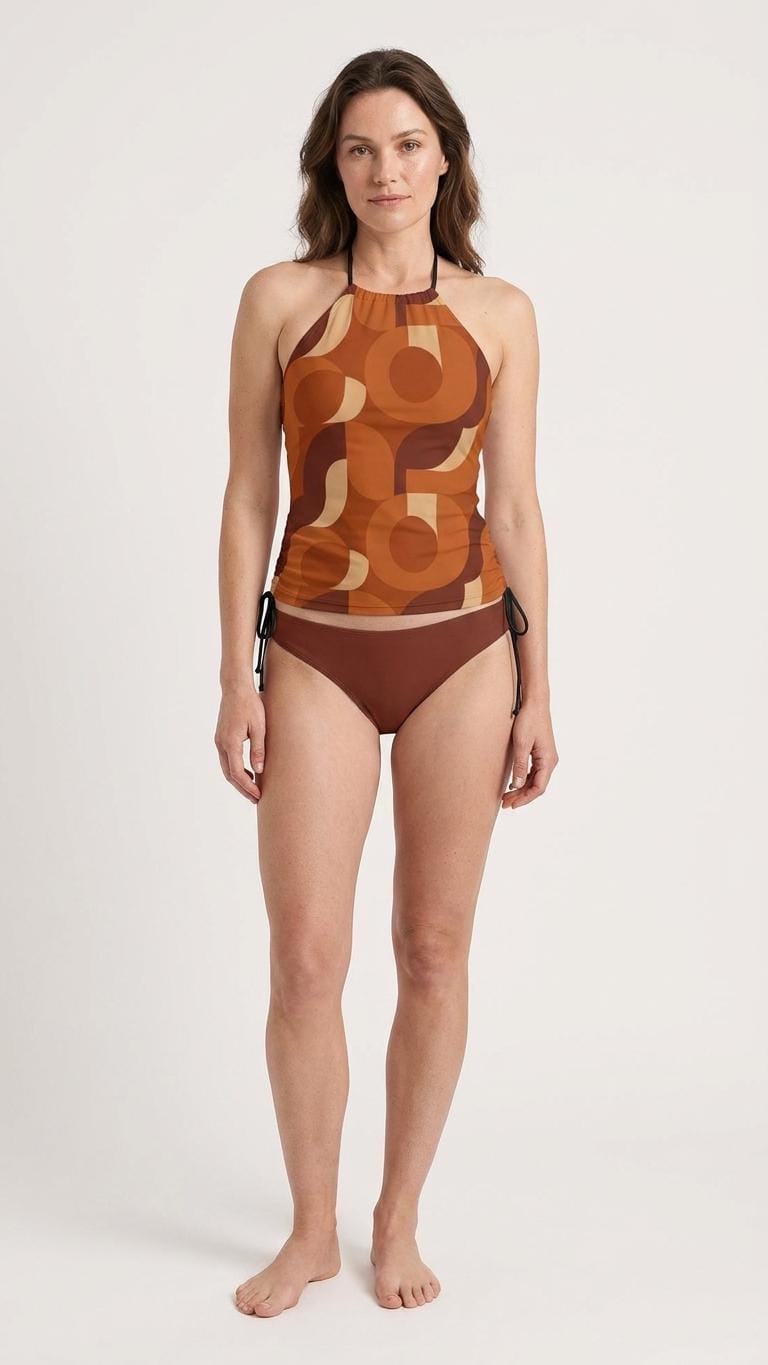 Retro Mod-Style Print Tankini – Vintage-Inspired Two-Piece Drawstring Halterneck Swimsuit in Brown