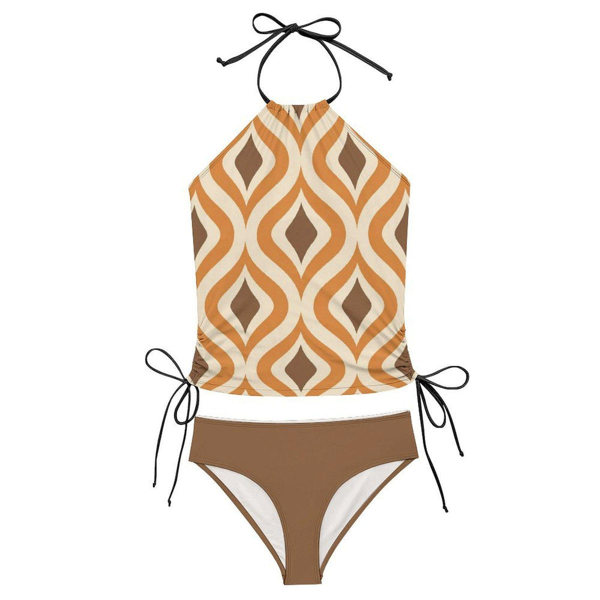Retro Mid-Century Print Tankini – Vintage-Inspired Two-Piece Drawstring Halterneck Swimsuit in Brown & Orange