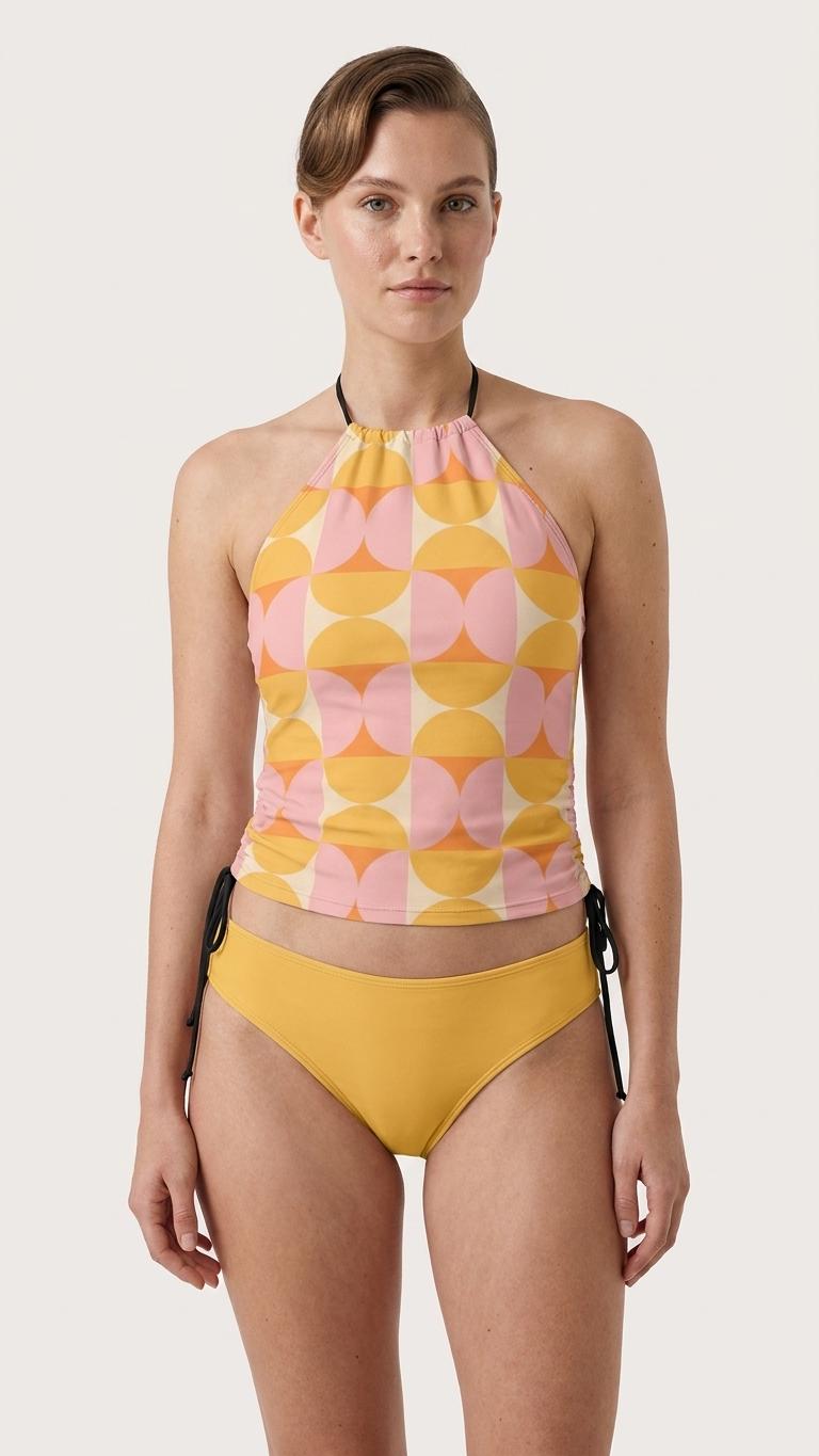 Retro Mid-Century Print Tankini – Vintage-Inspired Two-Piece Drawstring Halterneck Swimsuit in Yellow & Pink