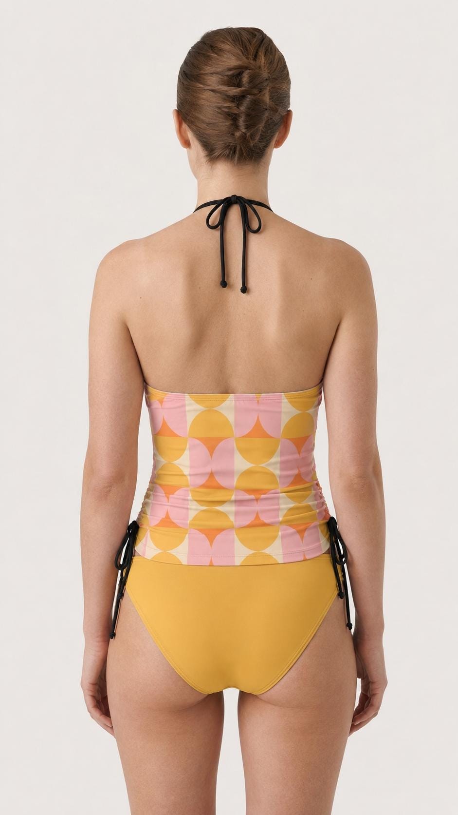 Retro Mid-Century Print Tankini – Vintage-Inspired Two-Piece Drawstring Halterneck Swimsuit in Yellow & Pink